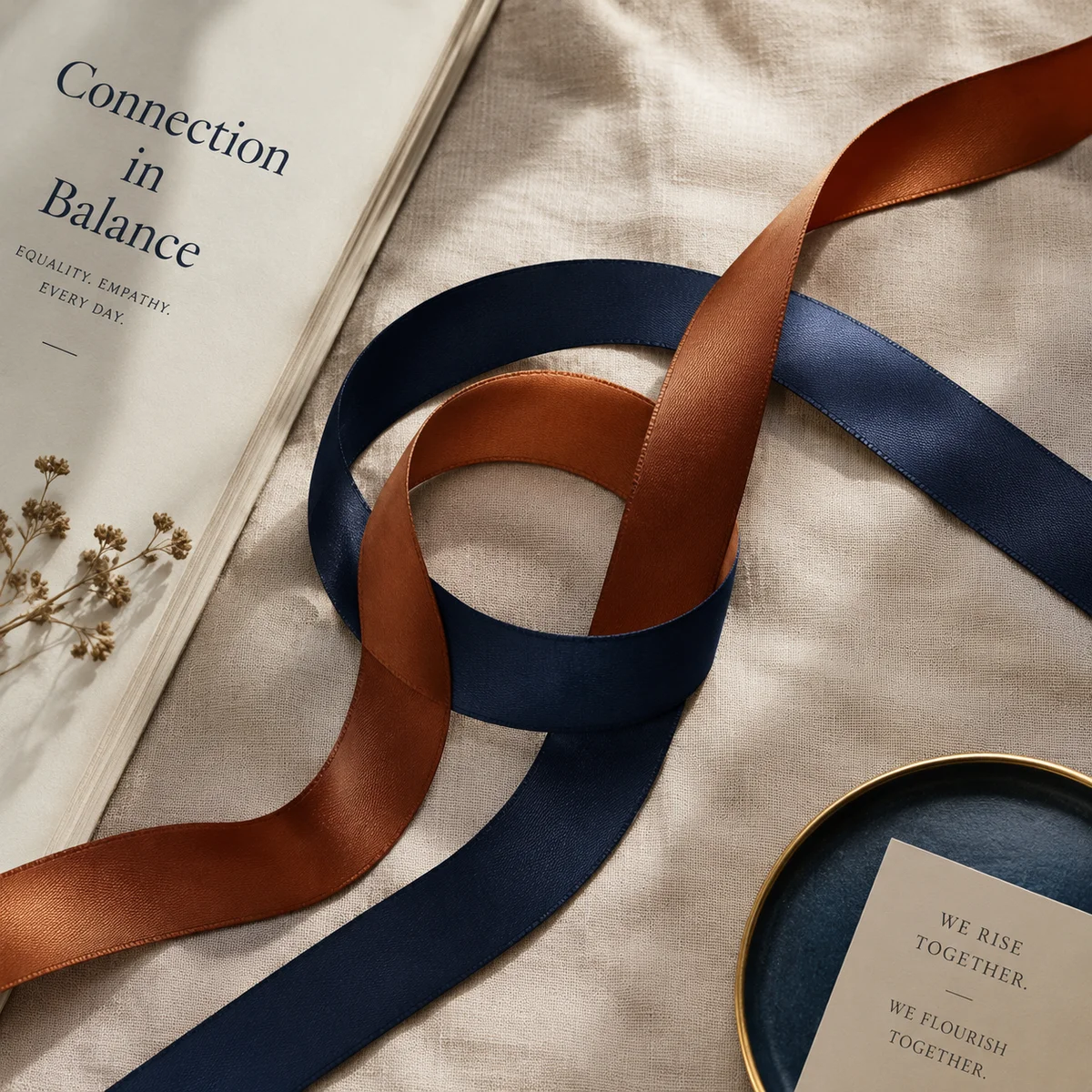 Two intertwined ribbons in navy and copper on textured linen representing connection without hierarchy