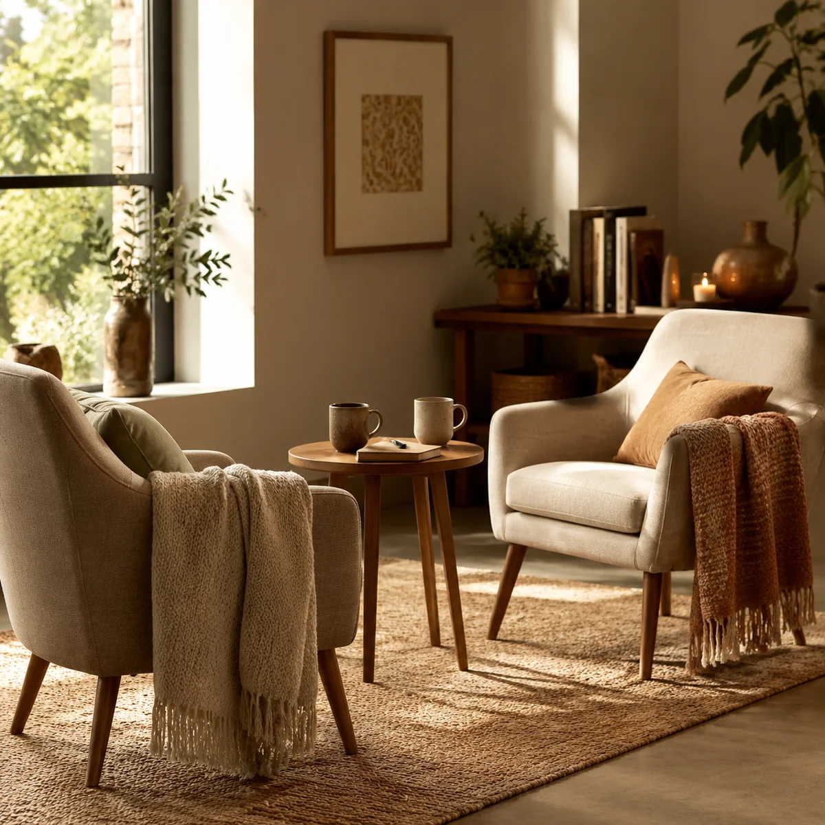 Two chairs angled toward each other with soft throw blankets in morning light conveying openness for vulnerable discussions