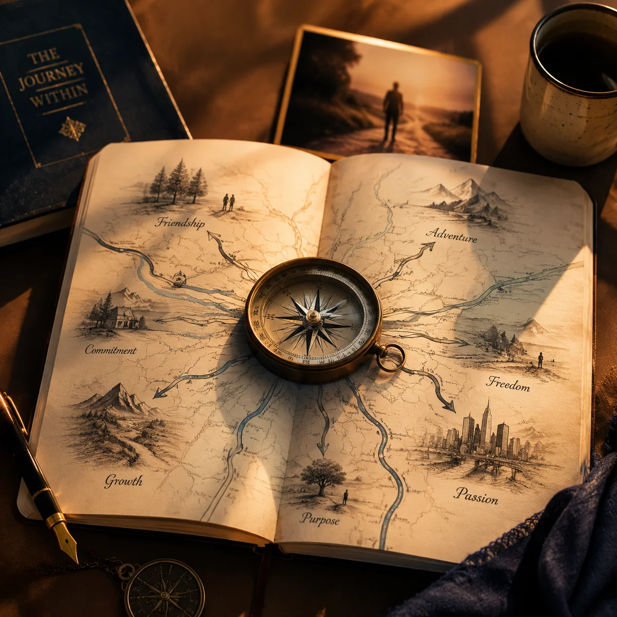 Compass resting on an open map with multiple paths radiating outward in golden hour light