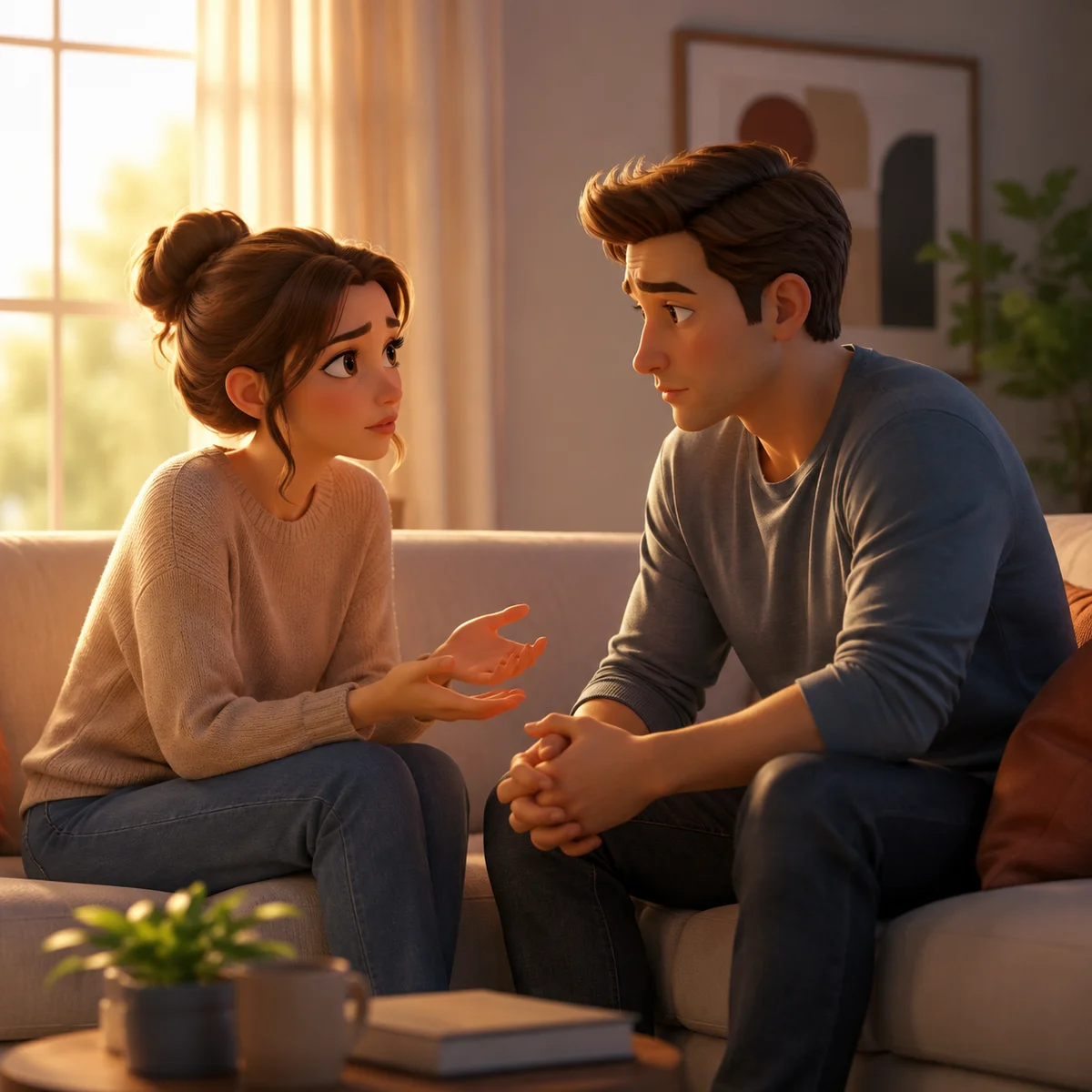 A couple sitting on a couch having a serious conversation, warm editorial lighting, soft pastel tones