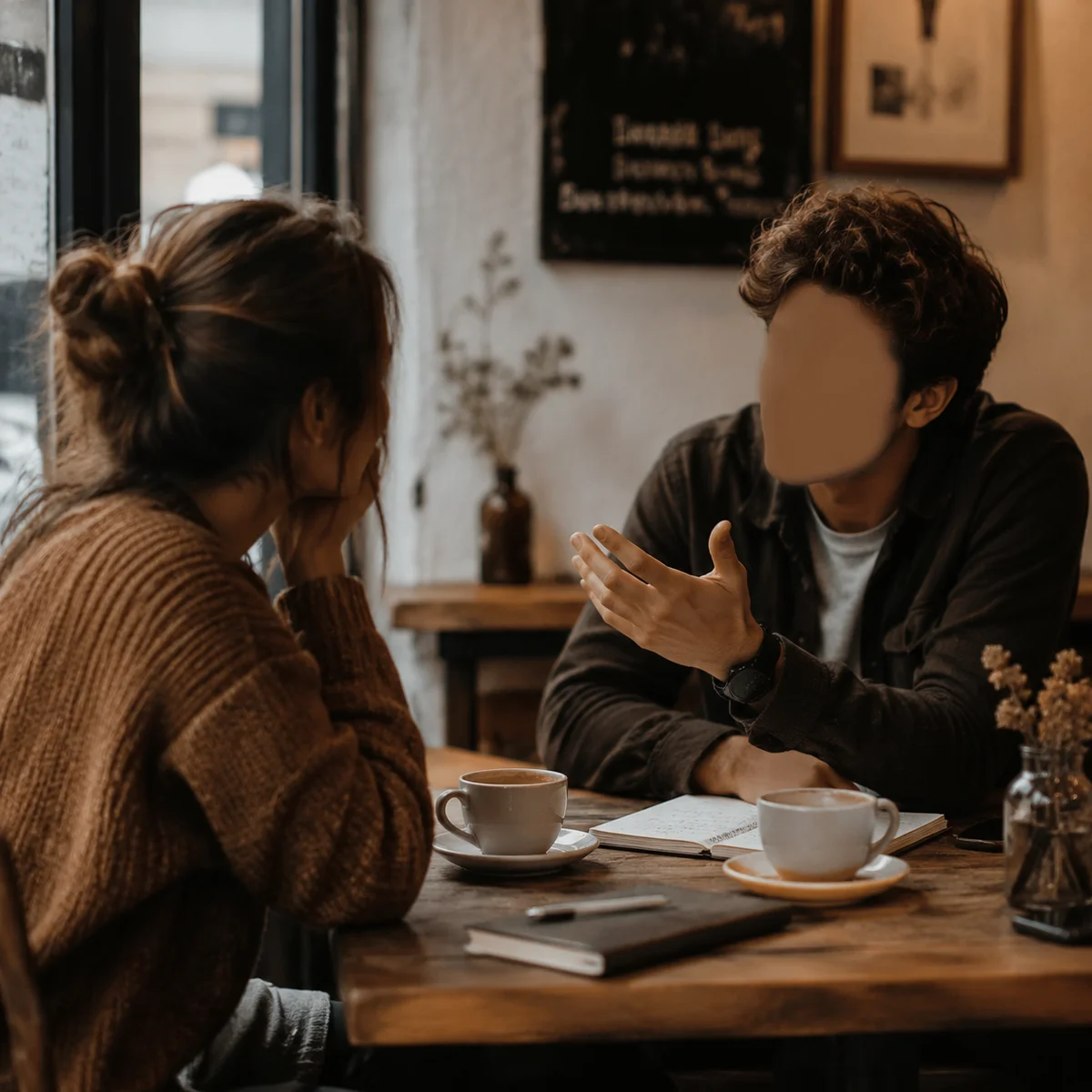 Editorial-style illustration of two people talking over coffee, warm neutral tones, intimate setting