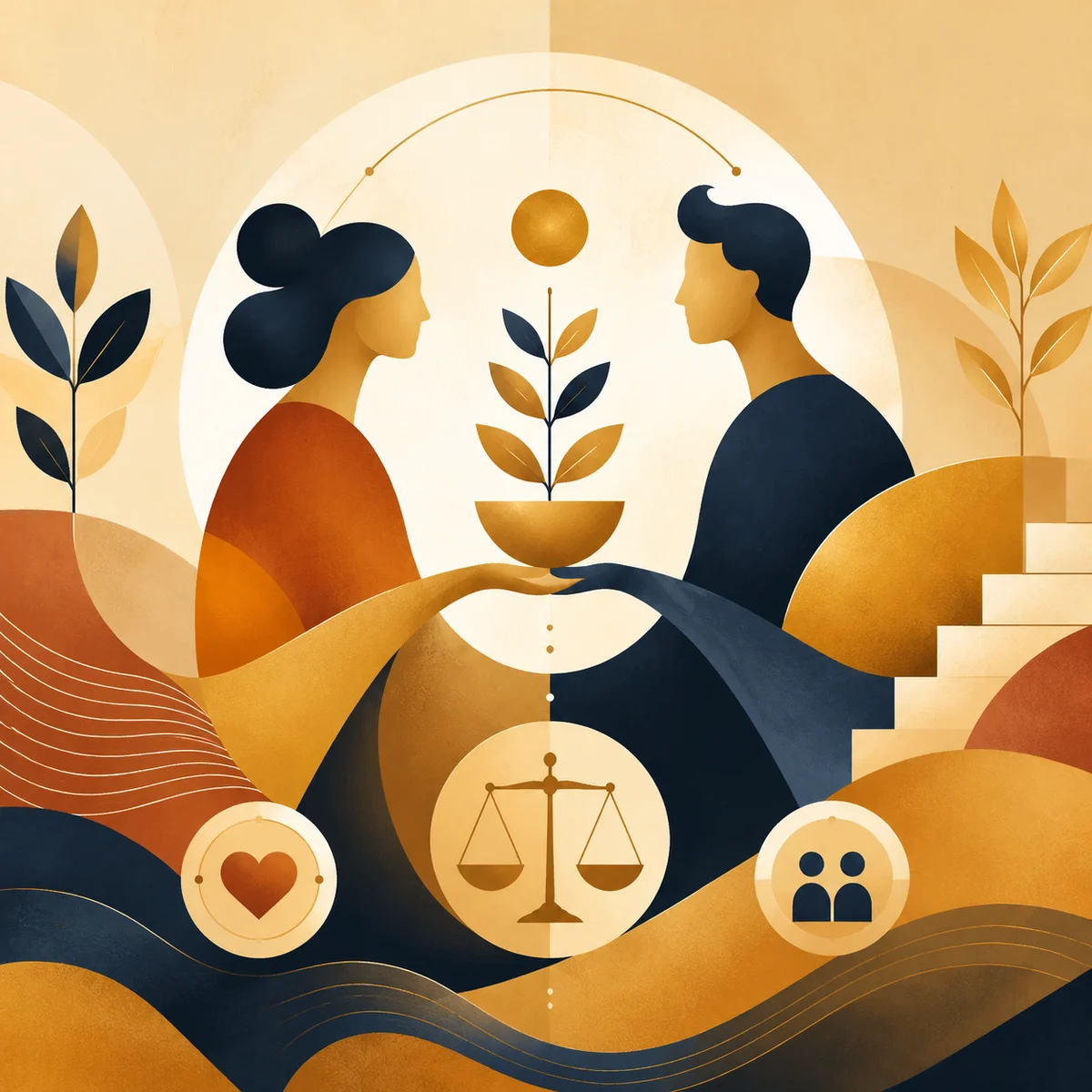 Abstract editorial illustration representing relationship dynamics with balanced geometric shapes and warm colors