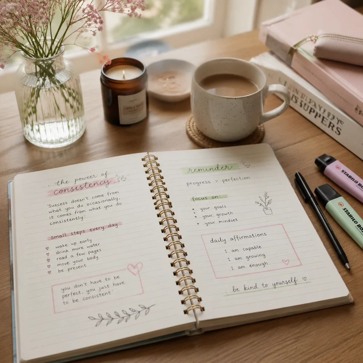 Editorial image of a notebook with handwritten notes about boundaries, soft natural light, pastel aesthetic