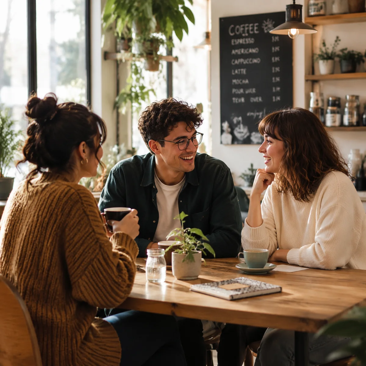 Editorial illustration of three people meeting for coffee at a cafe, casual warm atmosphere, lifestyle photography style