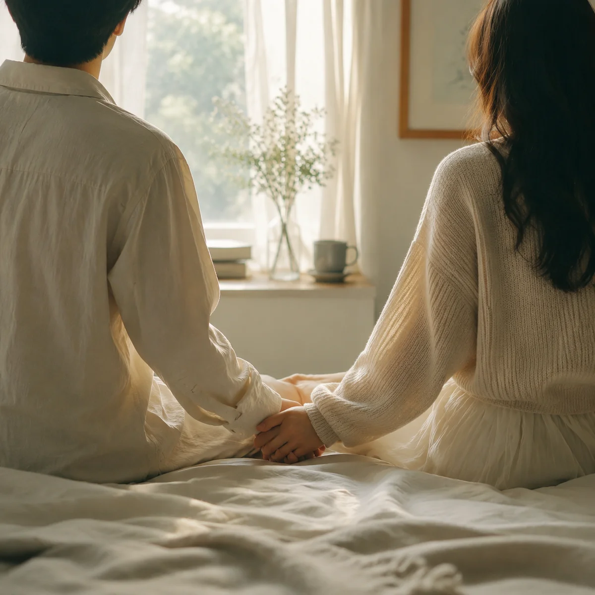 Editorial image of a couple holding hands in soft morning light, calm and intimate atmosphere, muted pastels
