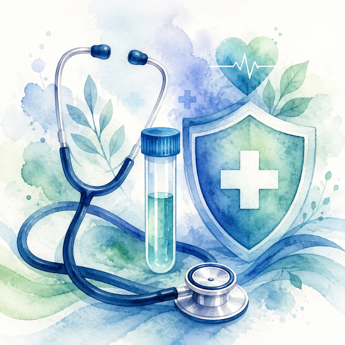Soft watercolor illustration of healthcare symbols in calming blues and greens
