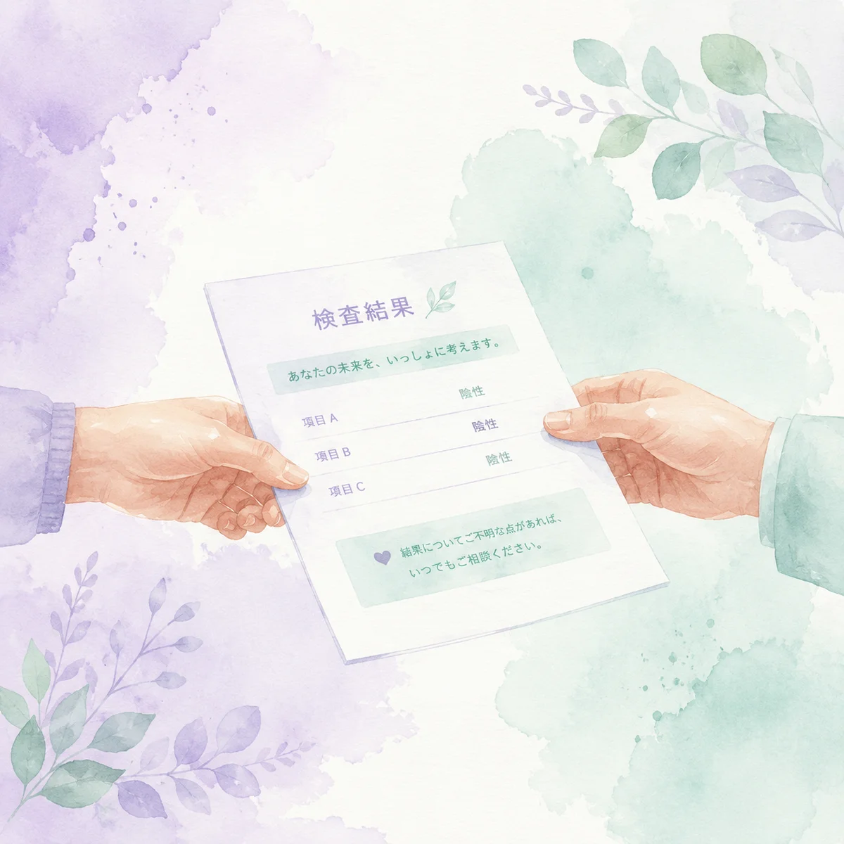 Soft watercolor illustration of two hands exchanging a document, lavender and mint tones