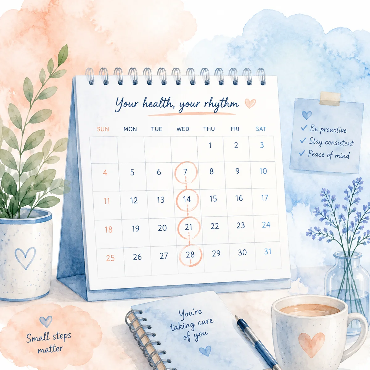 Soft watercolor illustration of a calendar with marked testing dates, peach and sky blue tones
