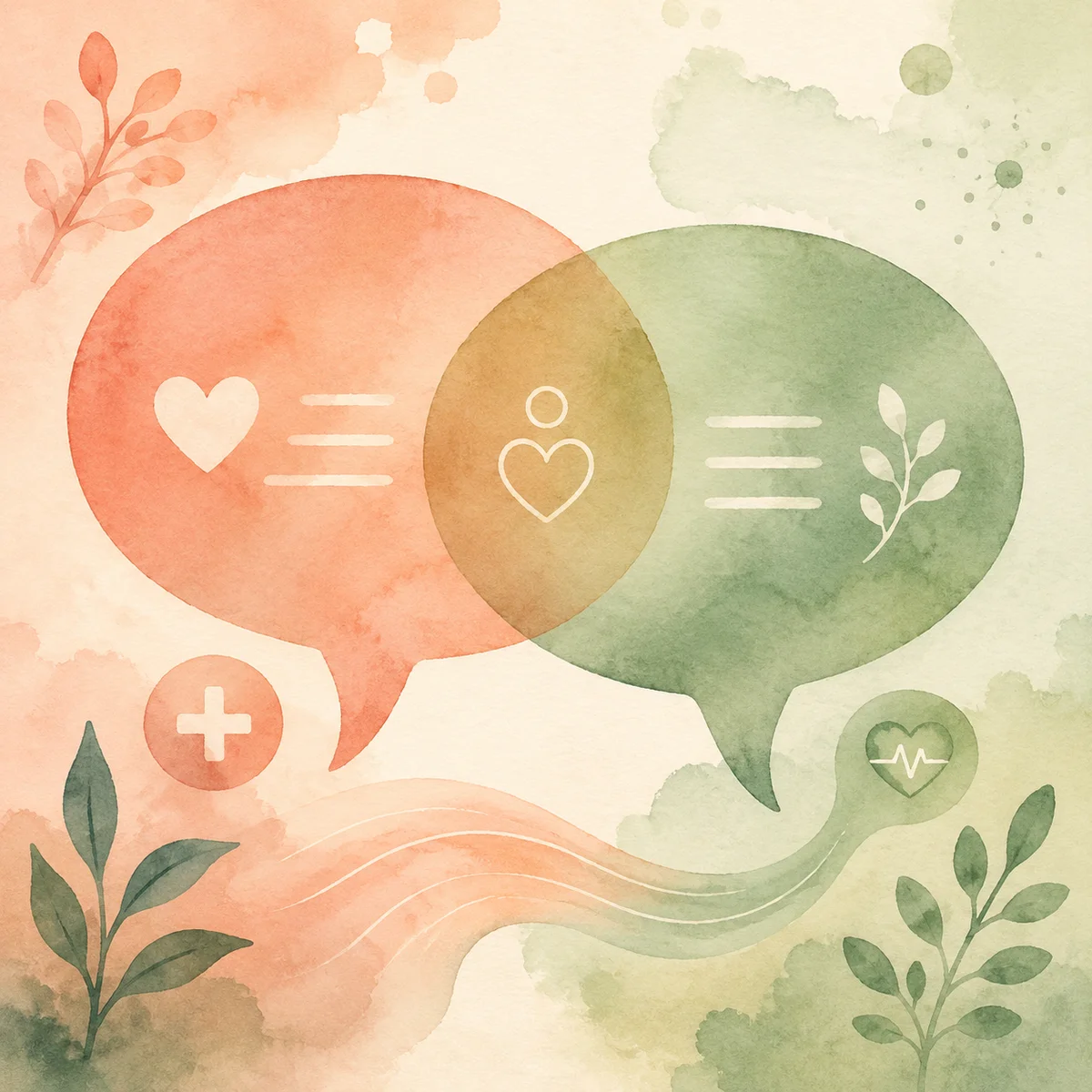 Soft watercolor illustration of overlapping speech bubbles in coral and sage green, representing open communication