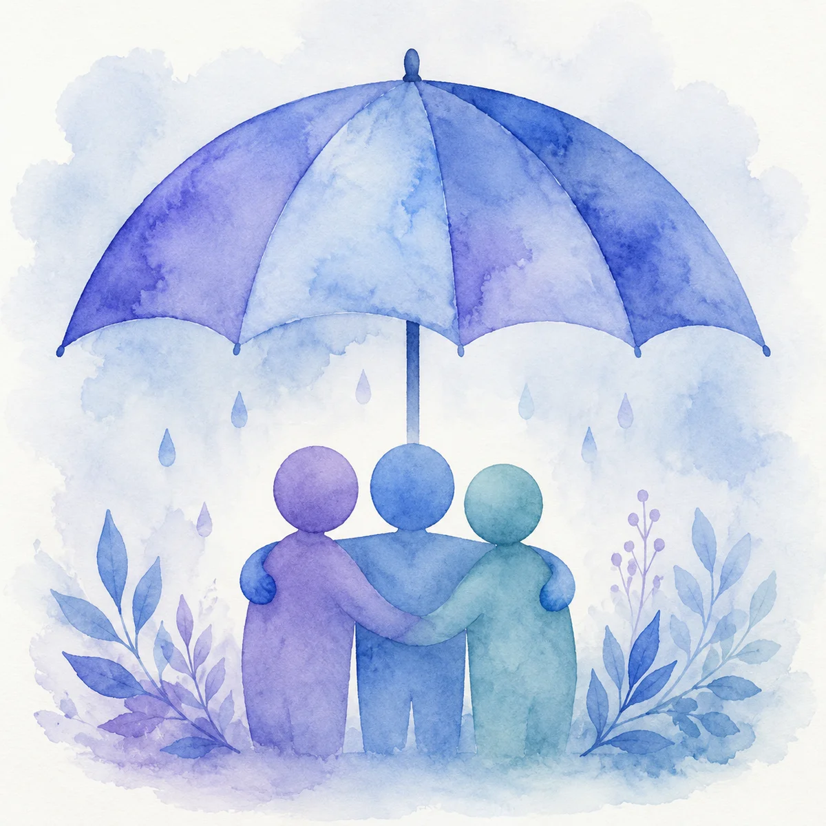Soft watercolor illustration of a protective umbrella in soft blue and violet sheltering abstract figures