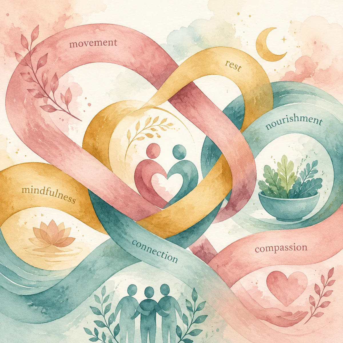 Soft watercolor illustration of intertwined ribbons in rose, gold, and teal, representing connected health