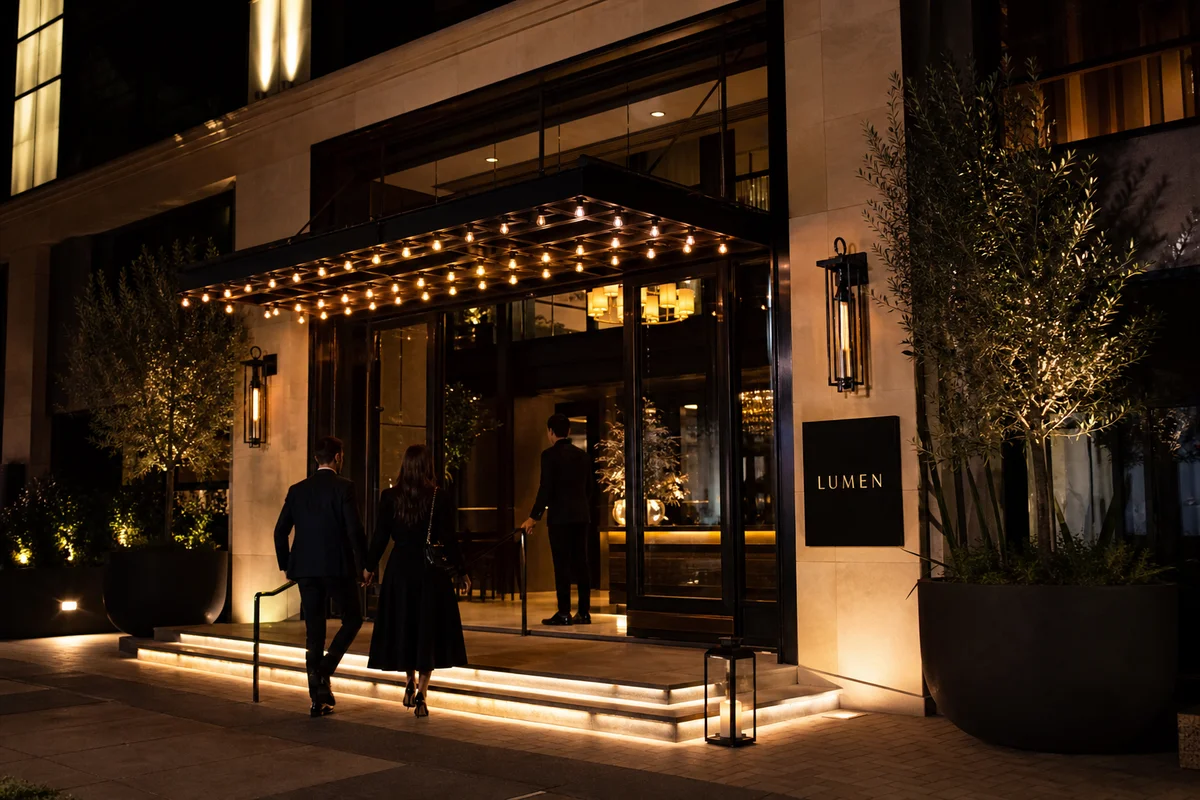 Upscale venue entrance at night with warm subtle lighting