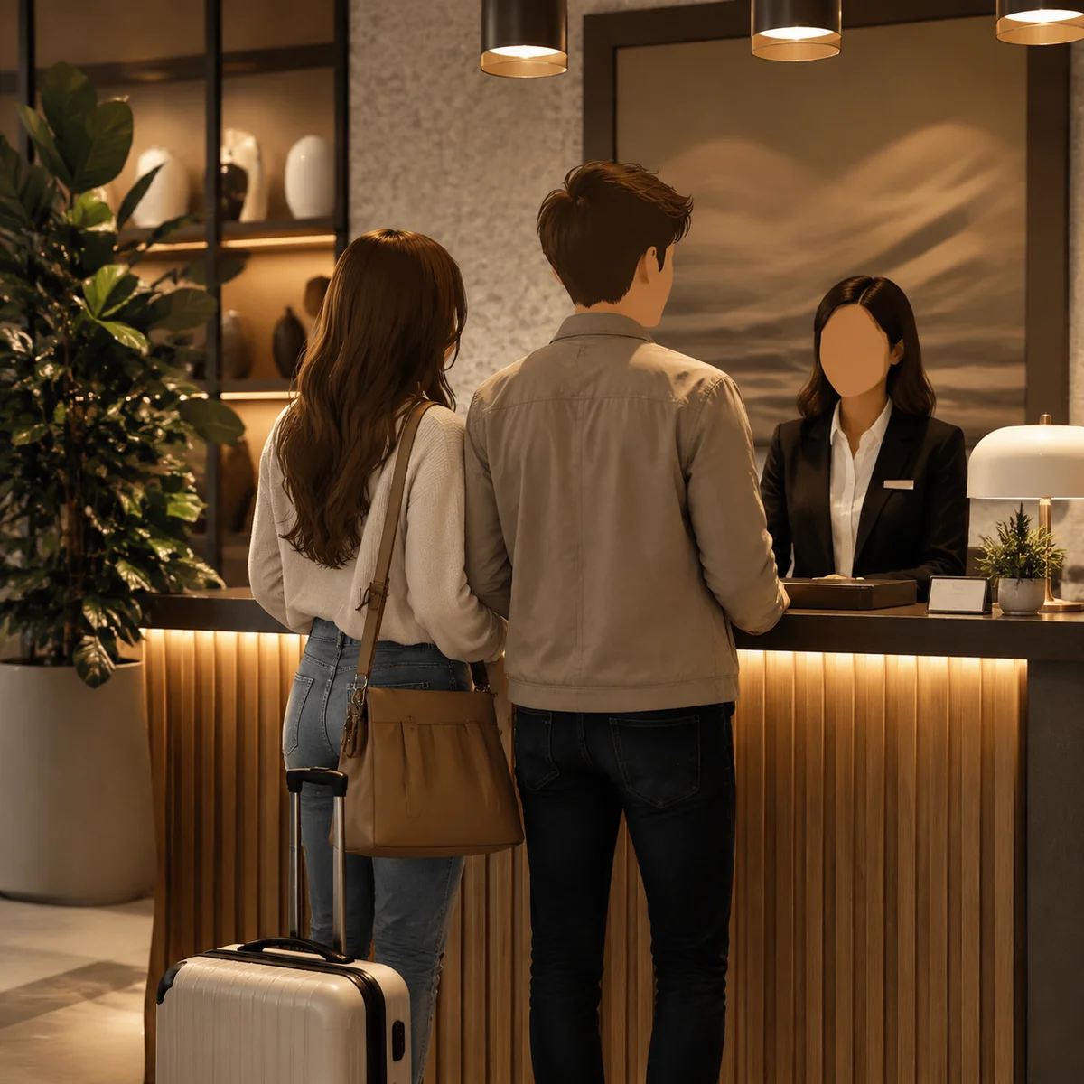 Couple checking in at stylish reception desk in warmly lit venue