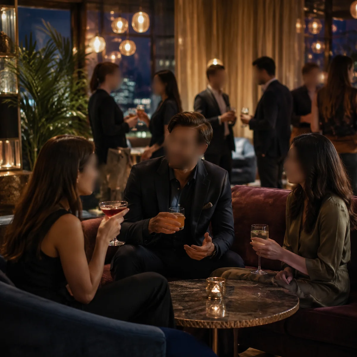 People socializing in elegant lounge with cocktails and ambient lighting