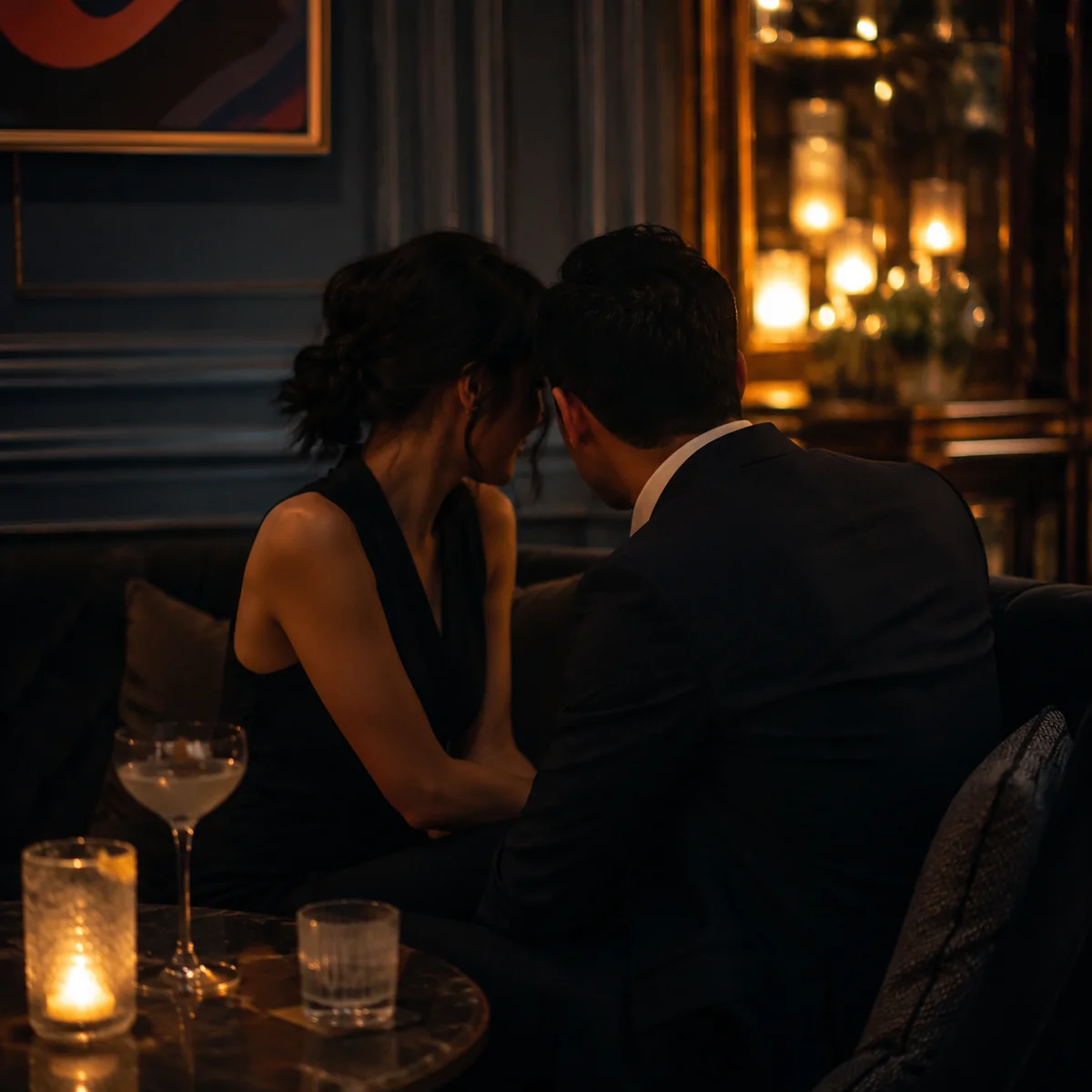 Couple having private conversation in quiet corner of dim lounge
