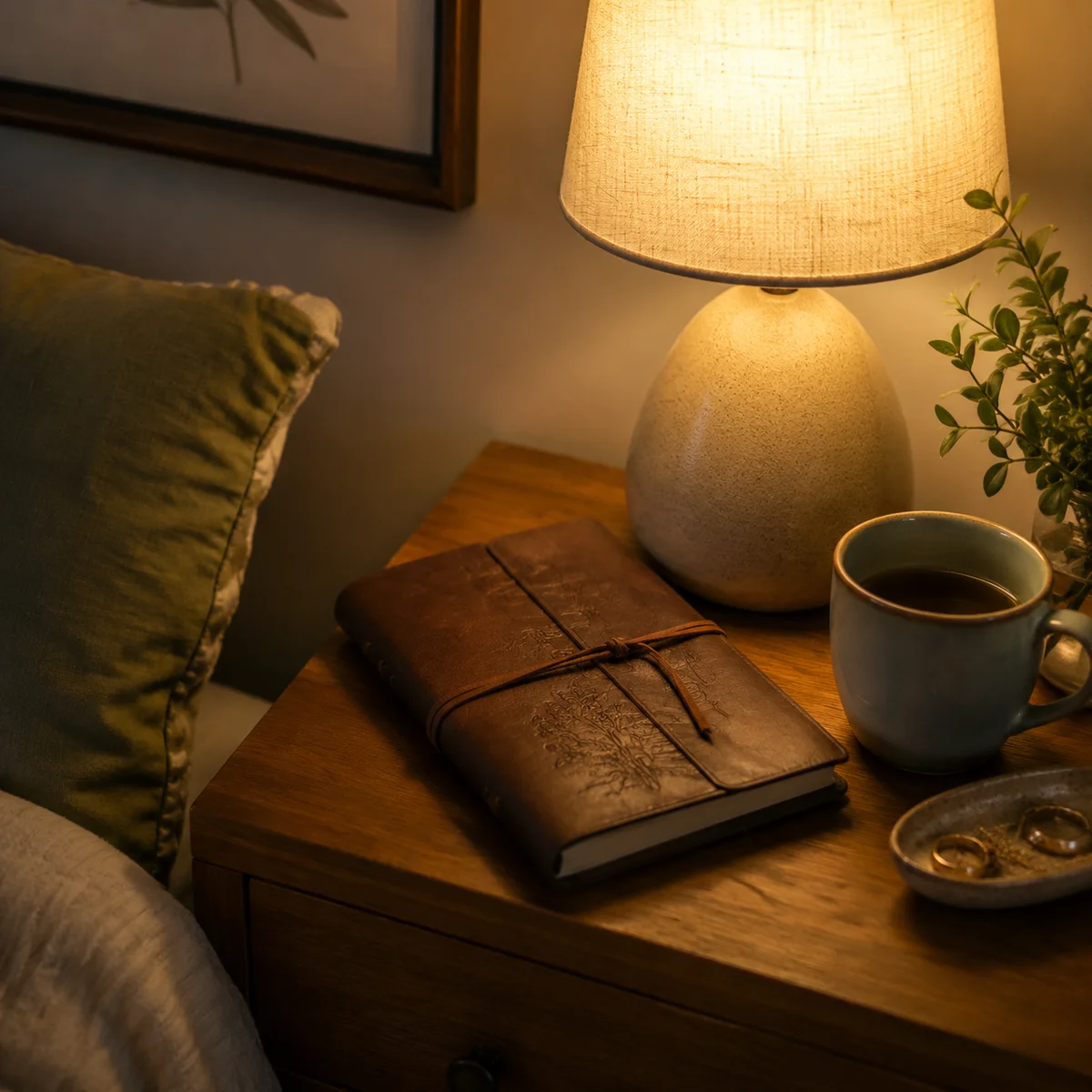 Handwritten journal open on nightstand with soft lamp light