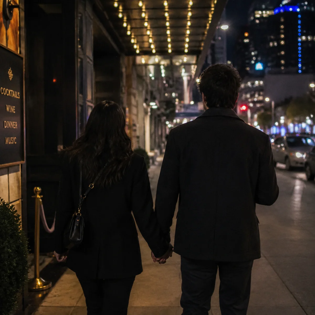 Couple walking out of venue together at night holding hands