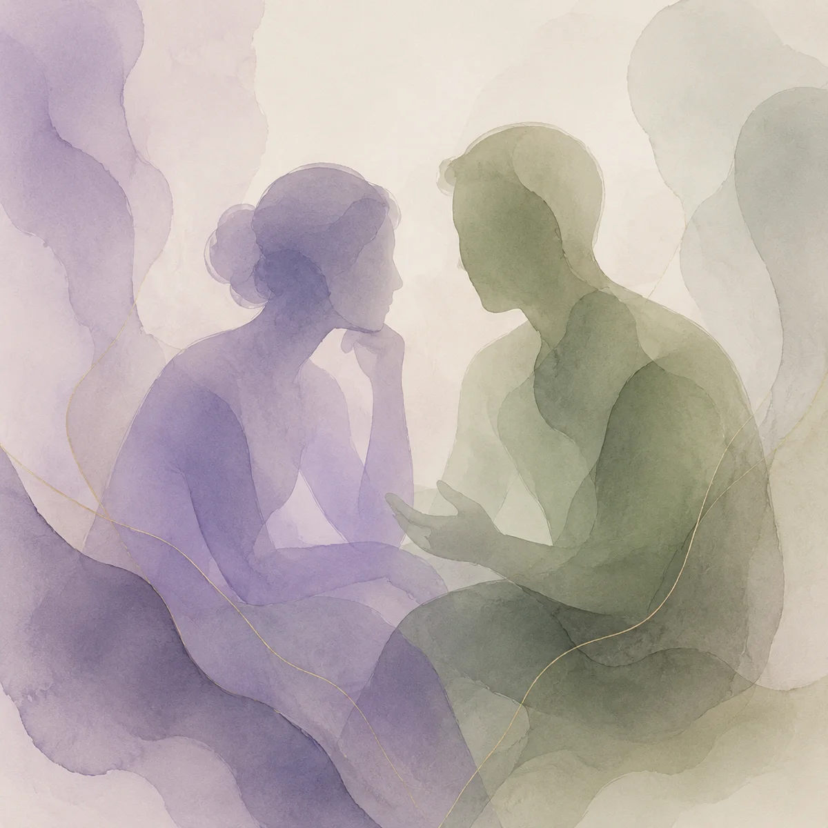 Two translucent overlapping forms representing a couple's intimate pre-event conversation
