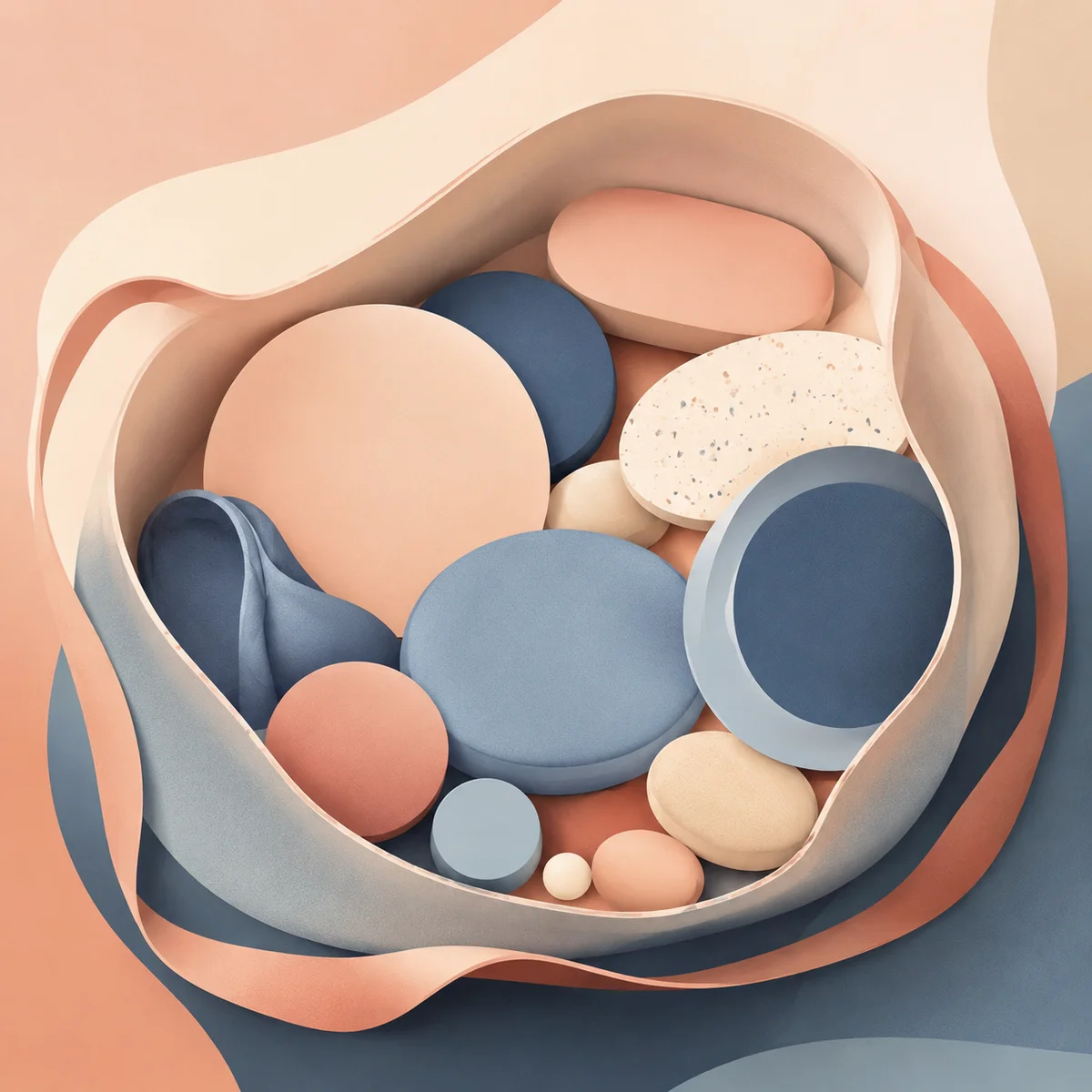 Abstract arrangement of shapes representing essentials and preparation items