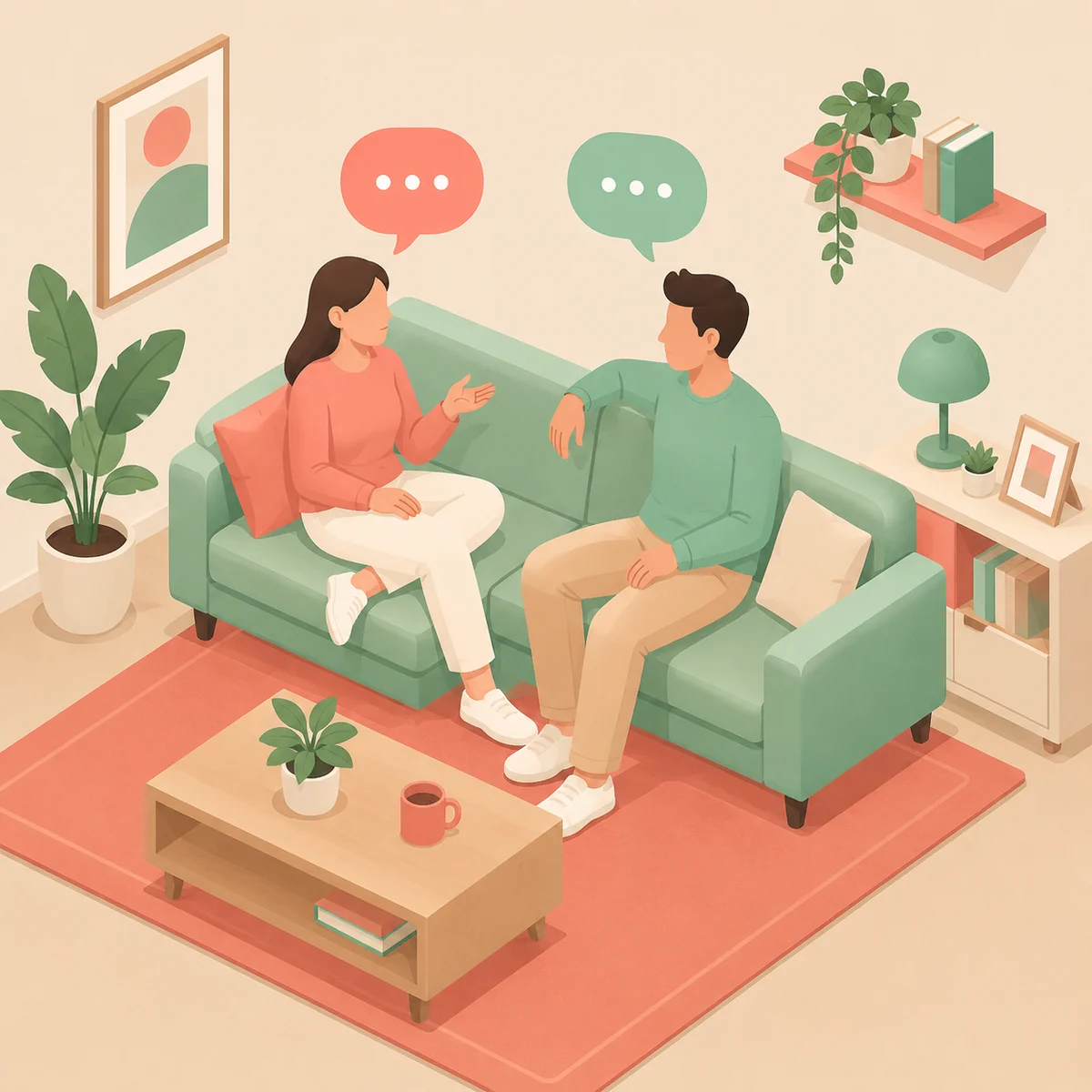 Isometric illustration of a couple discussing boundaries on a sofa