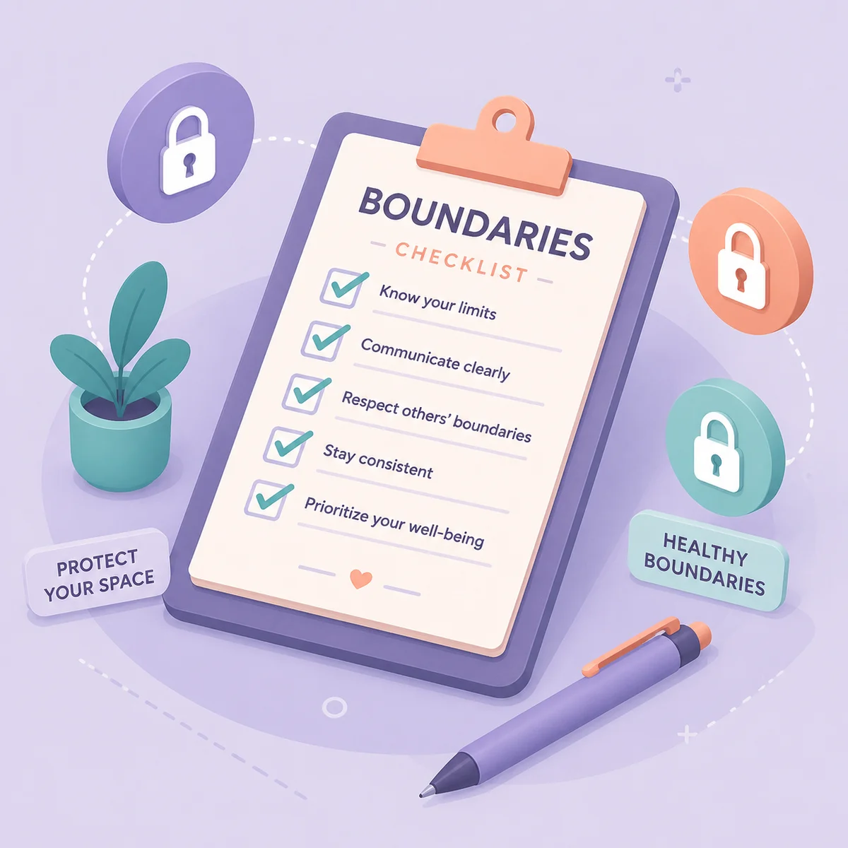 Isometric illustration of a checklist document with lock icons representing boundaries
