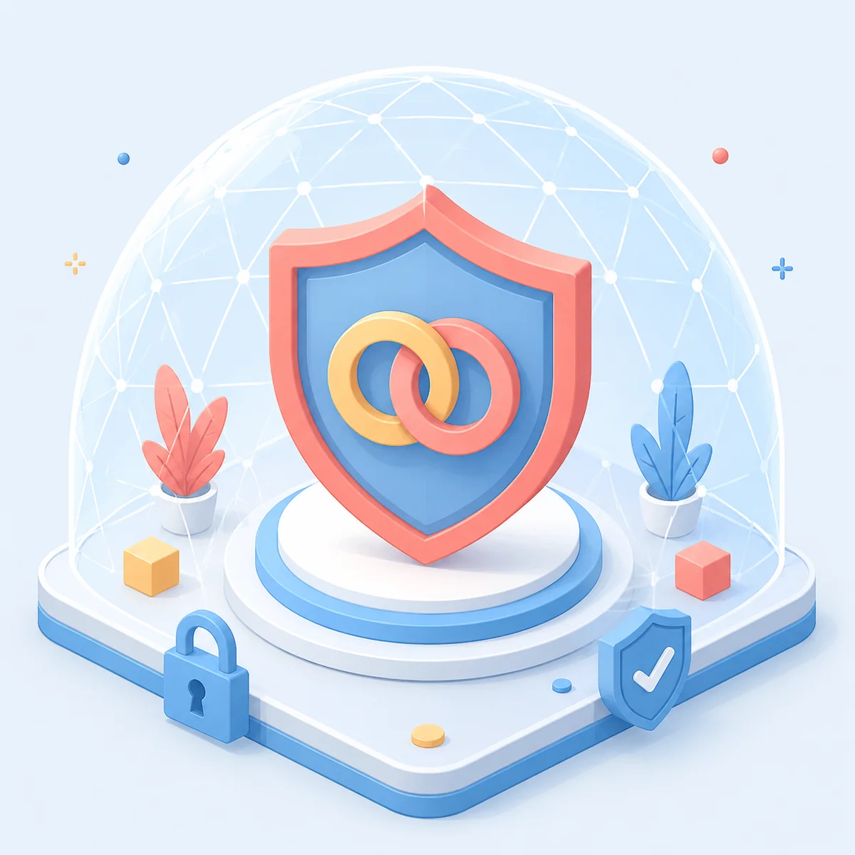 Isometric illustration of a shield with intertwined rings representing protection