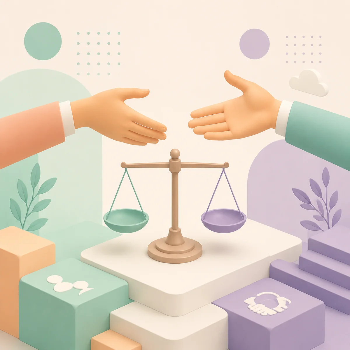 Isometric illustration of two hands reaching toward a balanced scale