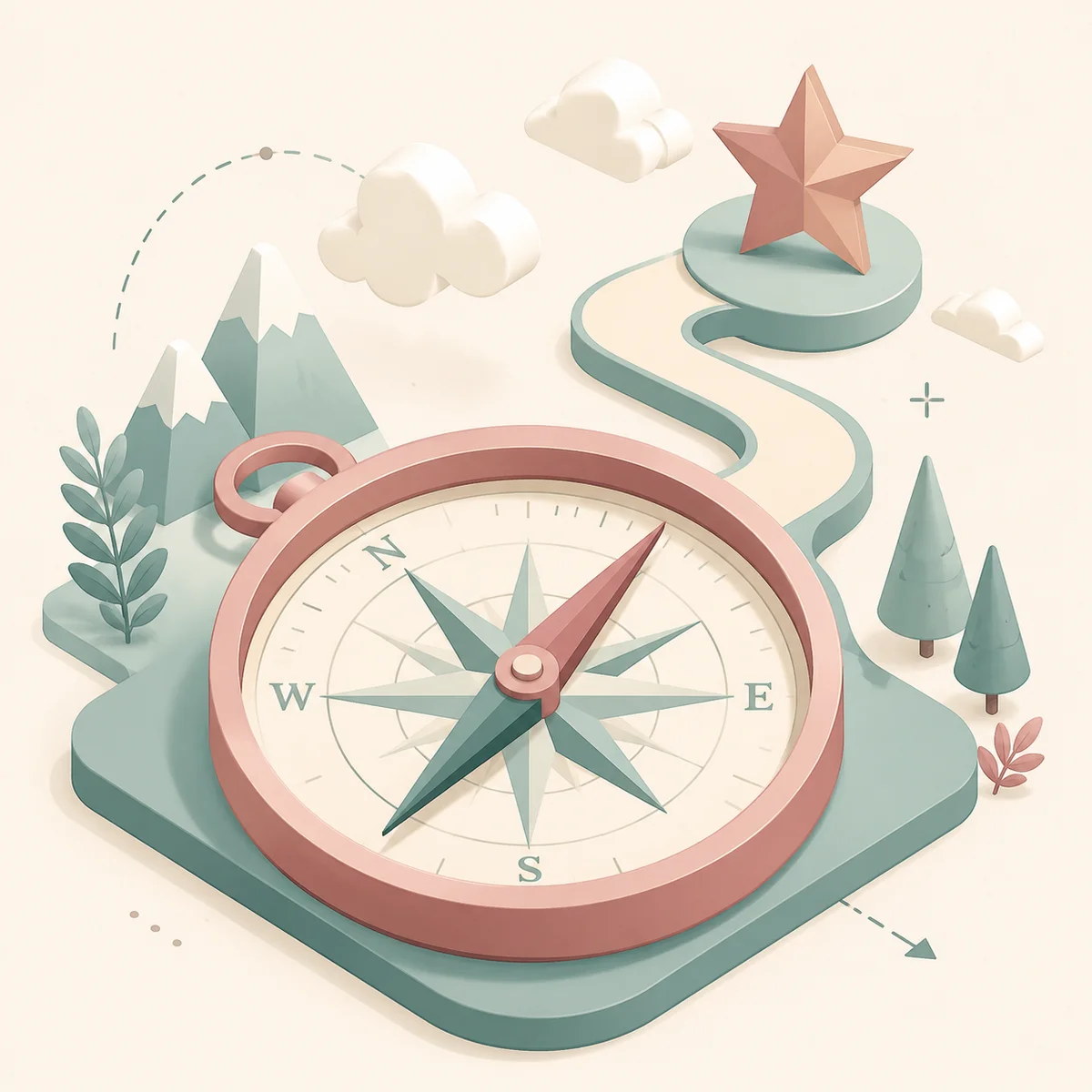 Isometric illustration of a compass pointing to a guiding star