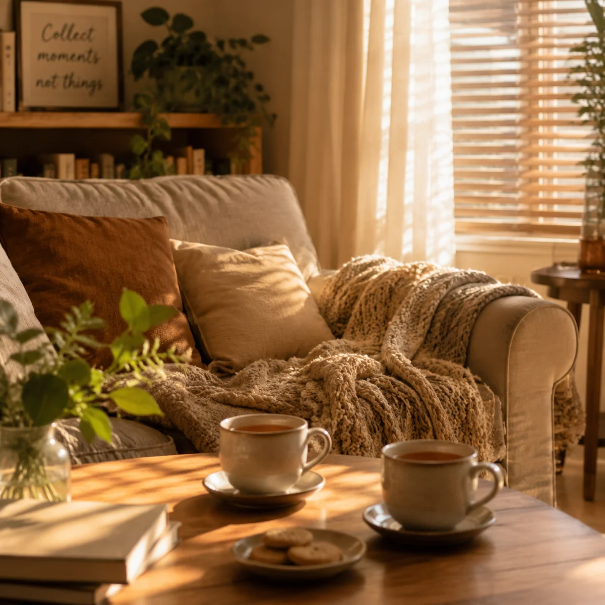 Cozy living room corner with tea and morning sunlight creating safe conversation space
