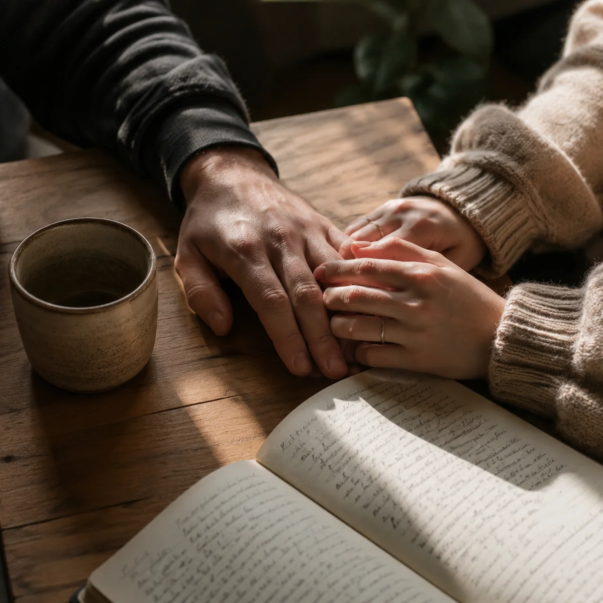 Two hands resting close on a wooden table with journal, representing vulnerability and trust