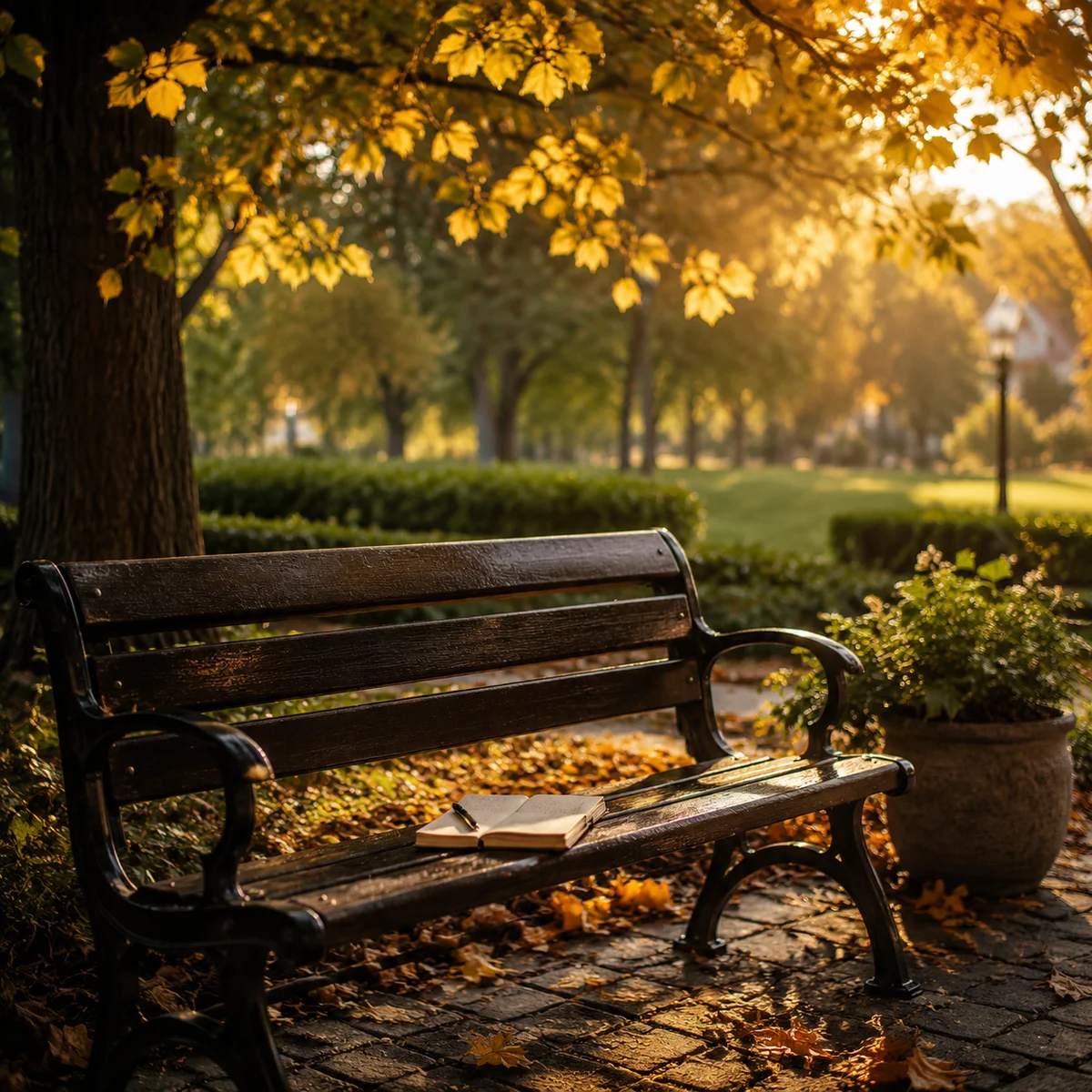 Quiet park bench under autumn trees with notebook, suggesting space for deep conversation