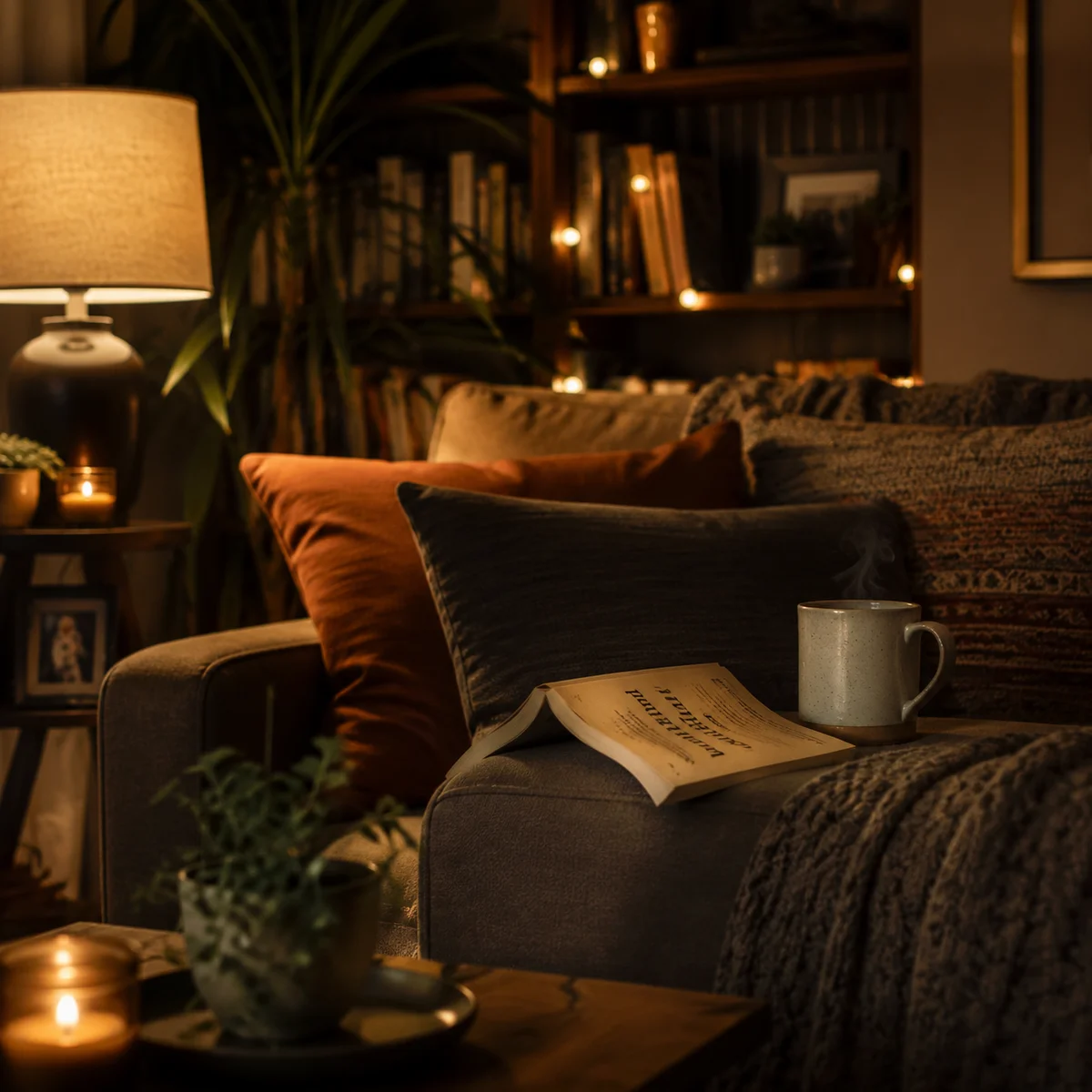 Cozy evening sofa with layered cushions and soft lamplight for safe conversation