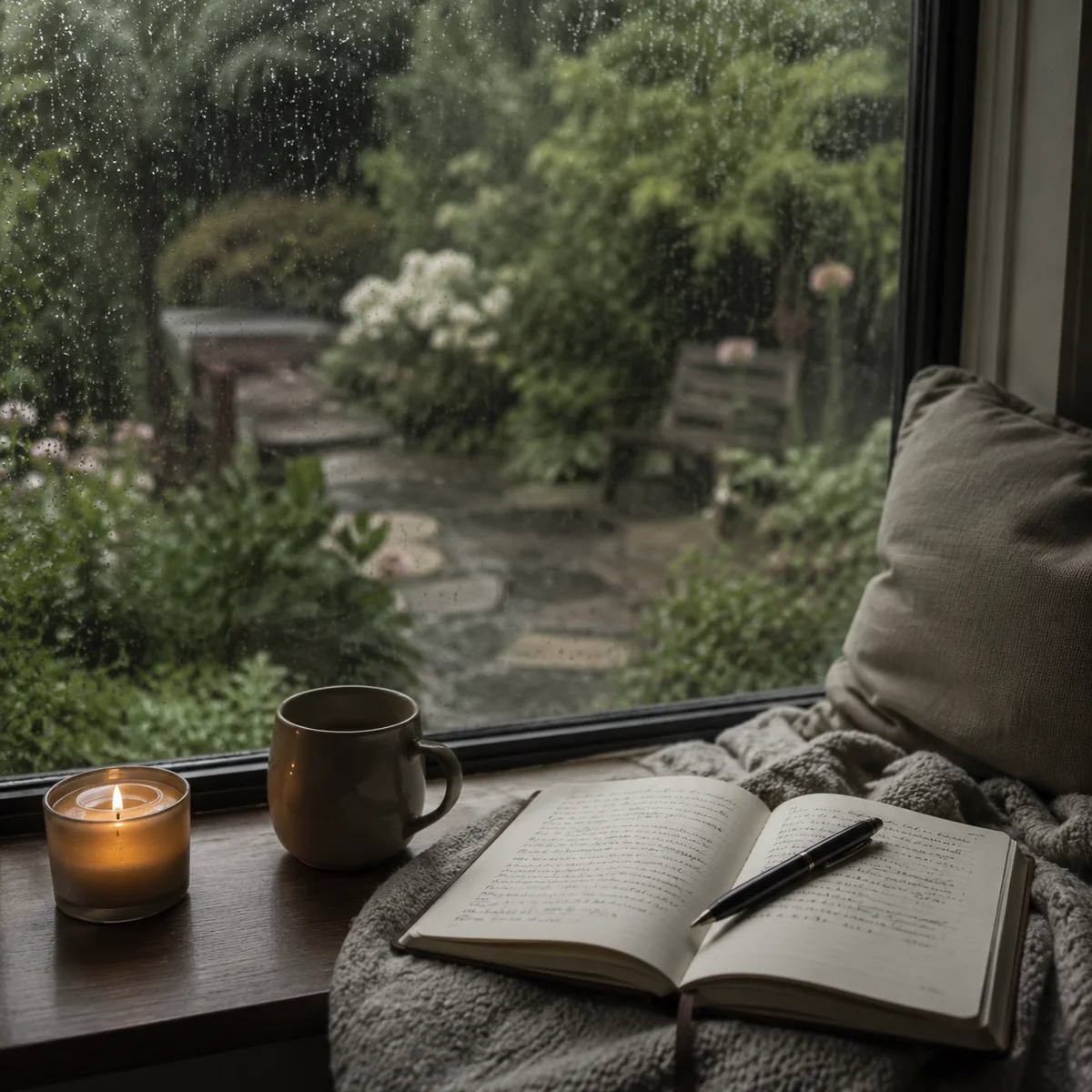 Window seat overlooking garden with rain on glass and journal, capturing quiet introspection