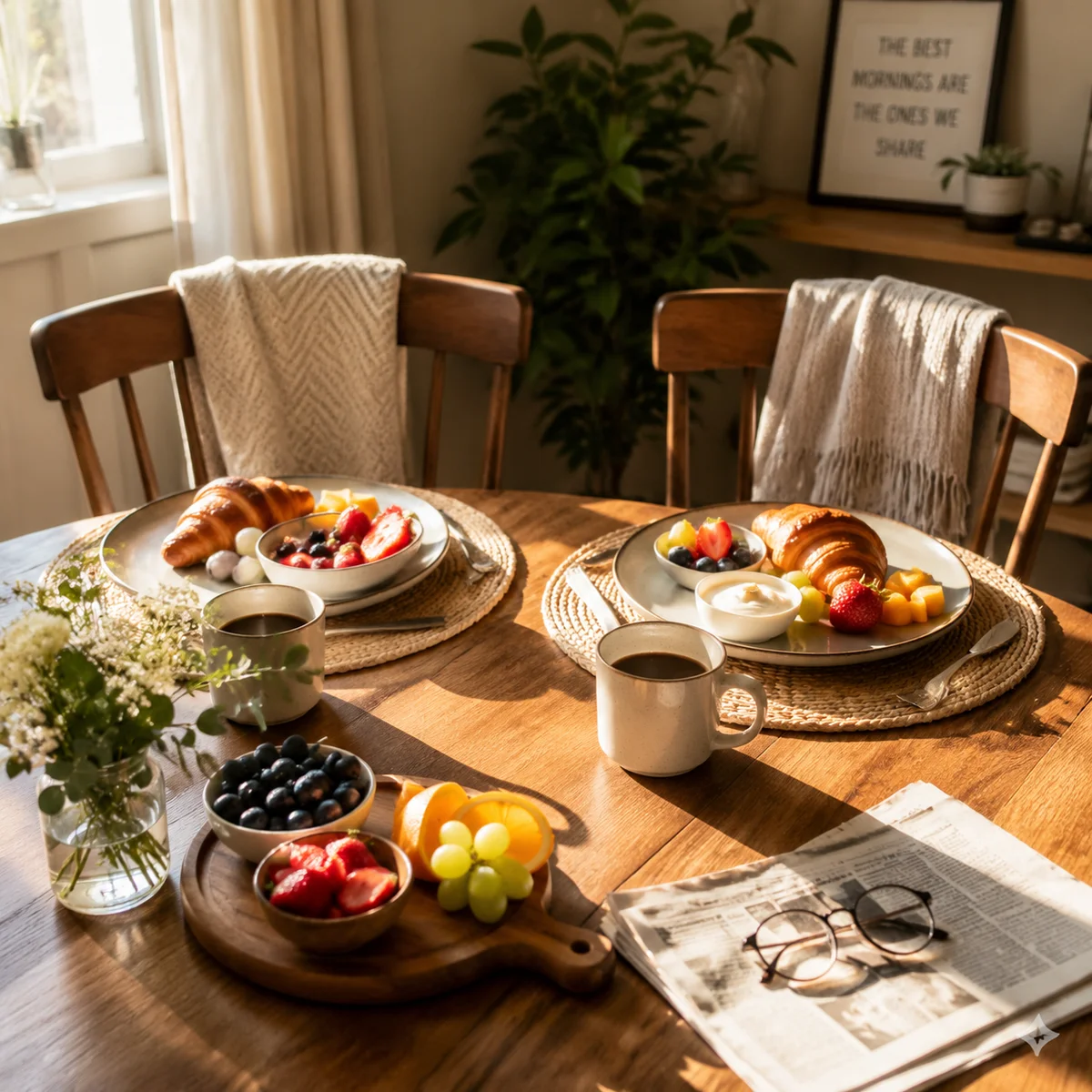 Breakfast table with two settings, sunlight streaming across, chairs pulled close