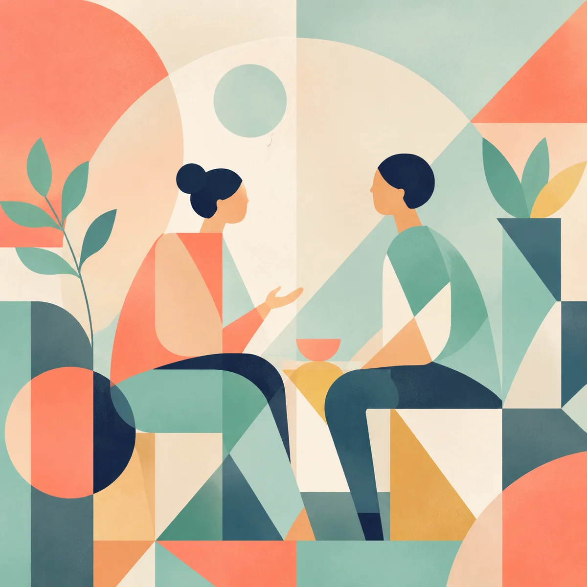 Two abstract geometric figures in conversation, representing open communication between partners
