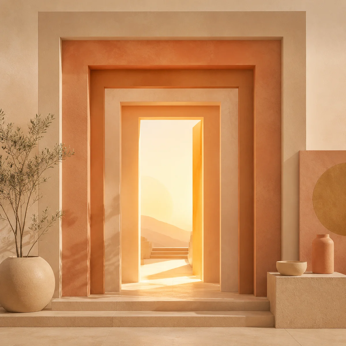 An abstract geometric doorway with warm light, symbolizing new possibilities approached with care