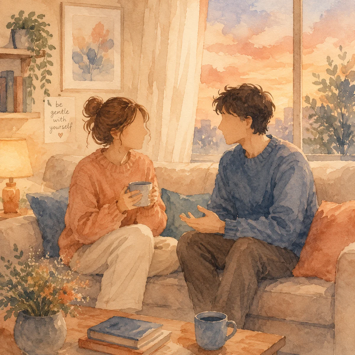 Two people having a gentle couch conversation in soft watercolor style, representing post-threesome emotional connection and aftercare dialogue