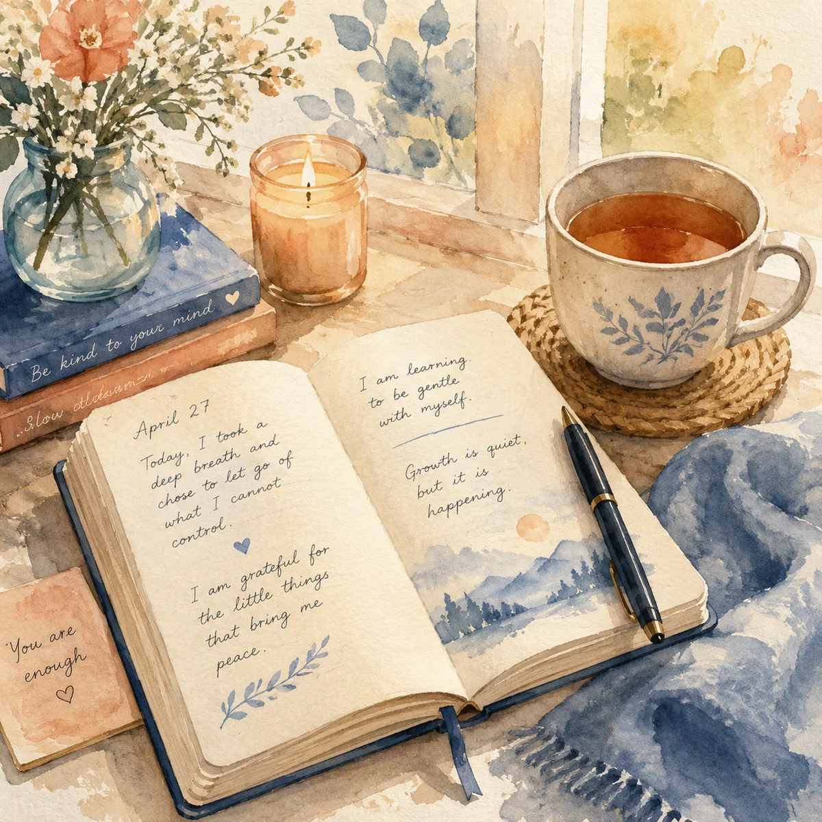A journal and tea in watercolor style, symbolizing the practice of writing down feelings as part of threesome aftercare