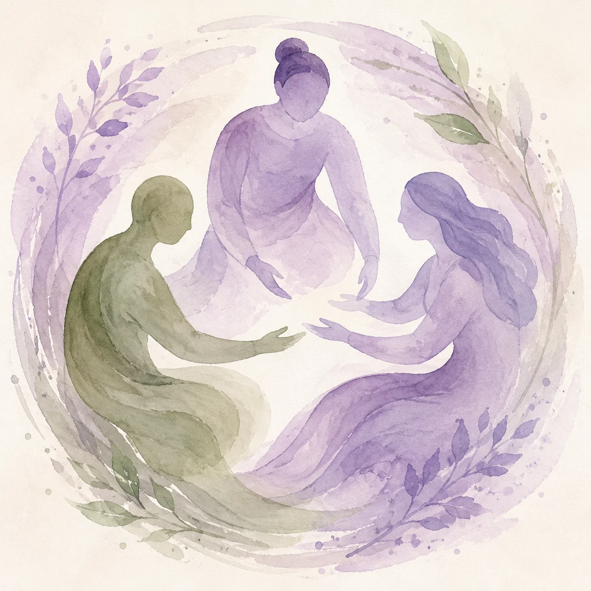 Three abstract figures in a circle in watercolor, representing mutual care and connection during threesome aftercare