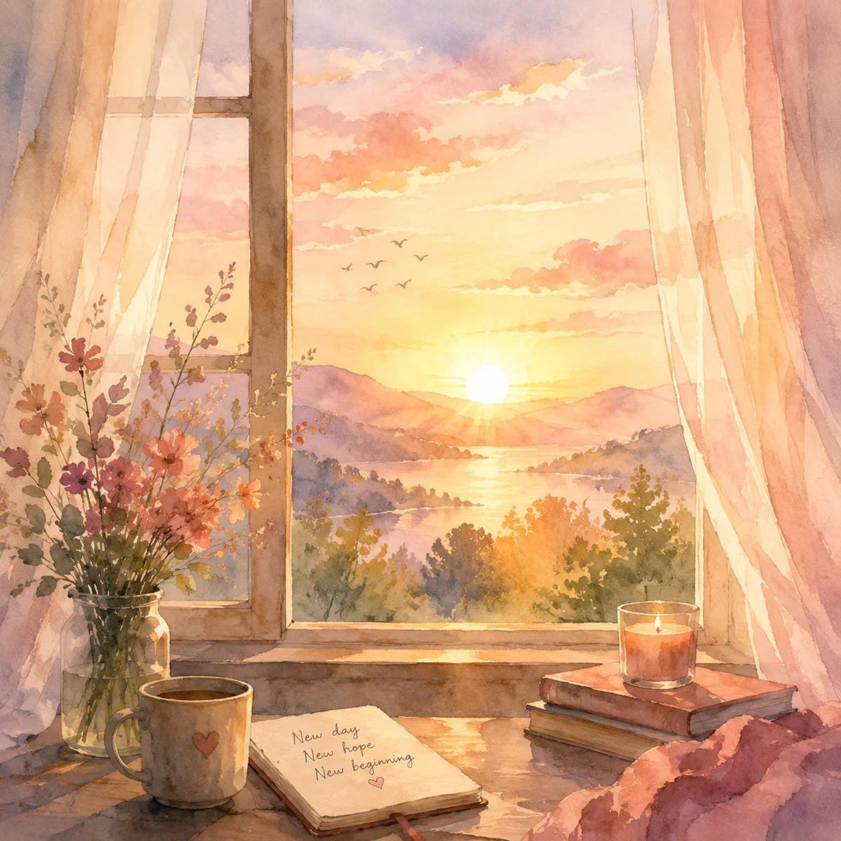 A sunrise through a window in watercolor, representing emotional renewal and the morning-after check-in