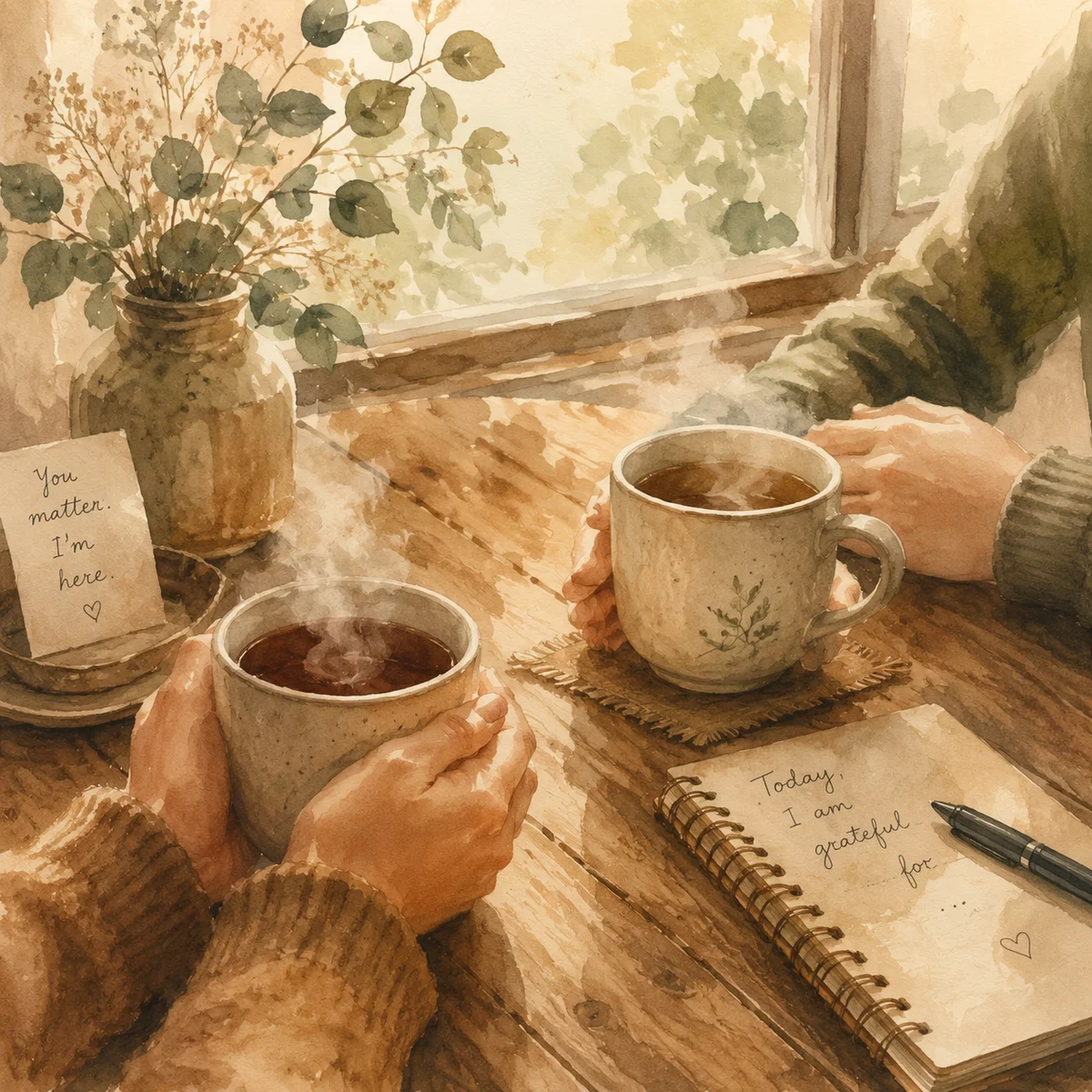 Two cups of tea in morning light, watercolor style, symbolizing the quiet ritual of checking in with your partner after a threesome
