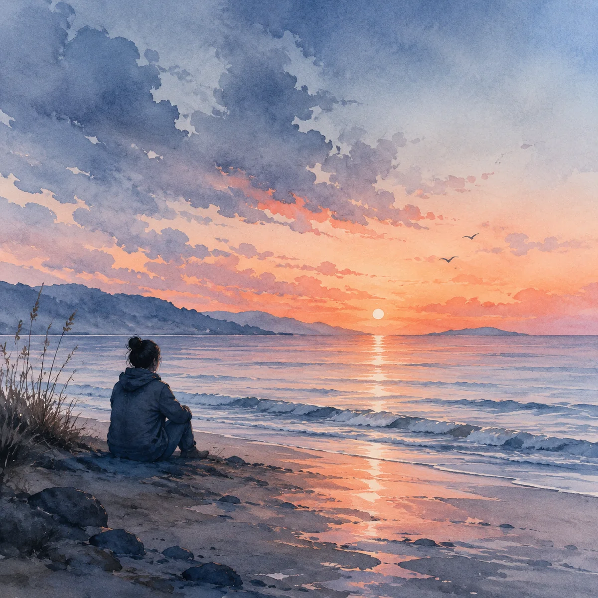 A calm shoreline at dusk in watercolor, representing emotional grounding and peaceful reflection as part of long-term aftercare