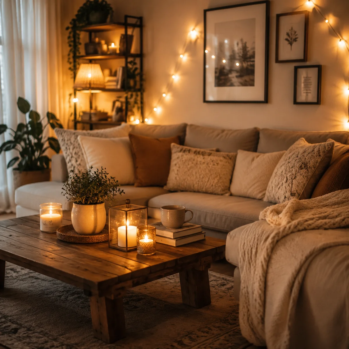 Warmly lit living room with string lights and candles creating a comfortable threesome atmosphere