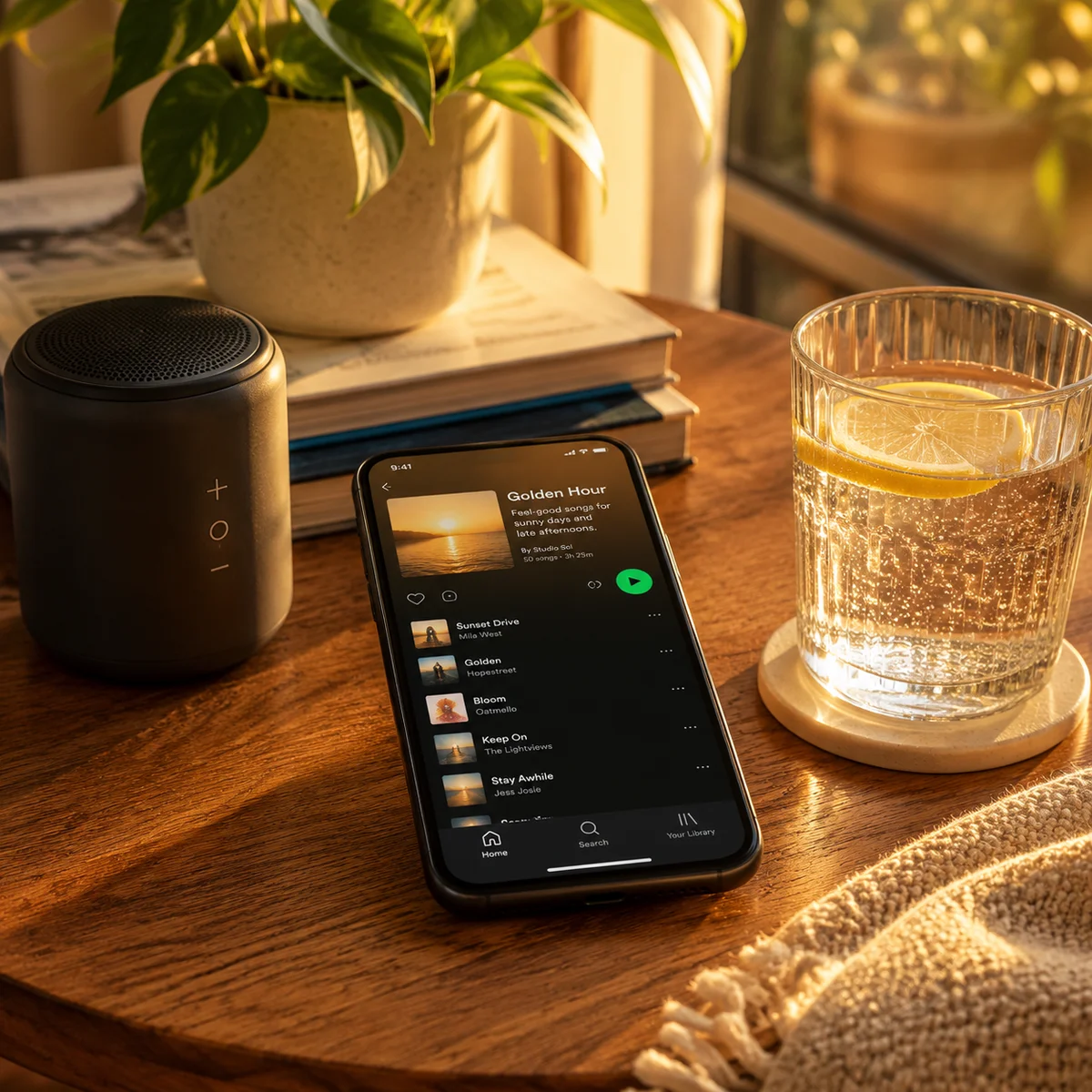 Smartphone playlist and Bluetooth speaker setup on a wooden side table for mood music