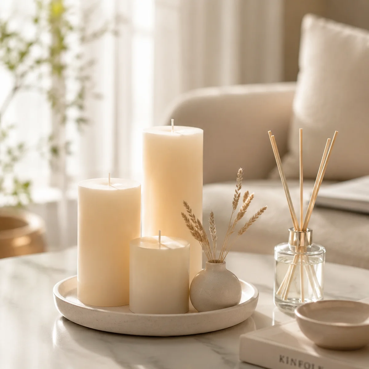 Unscented candles and reed diffuser arranged on a minimalist tray for subtle ambiance