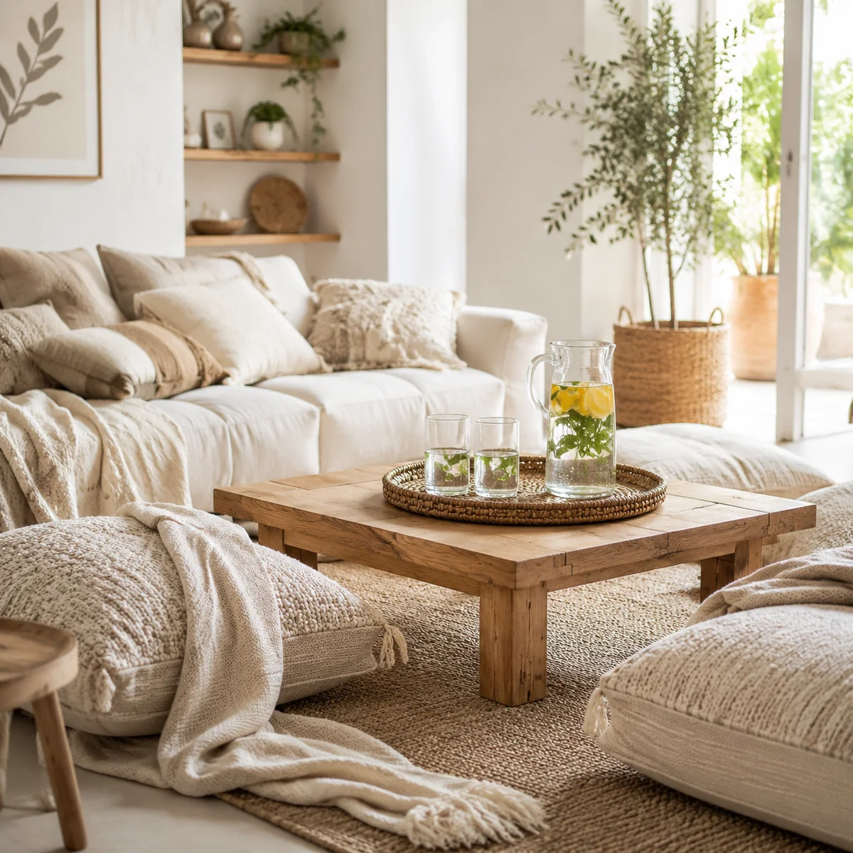 Comfortable seating area with throws, cushions, and infused water for threesome hosting