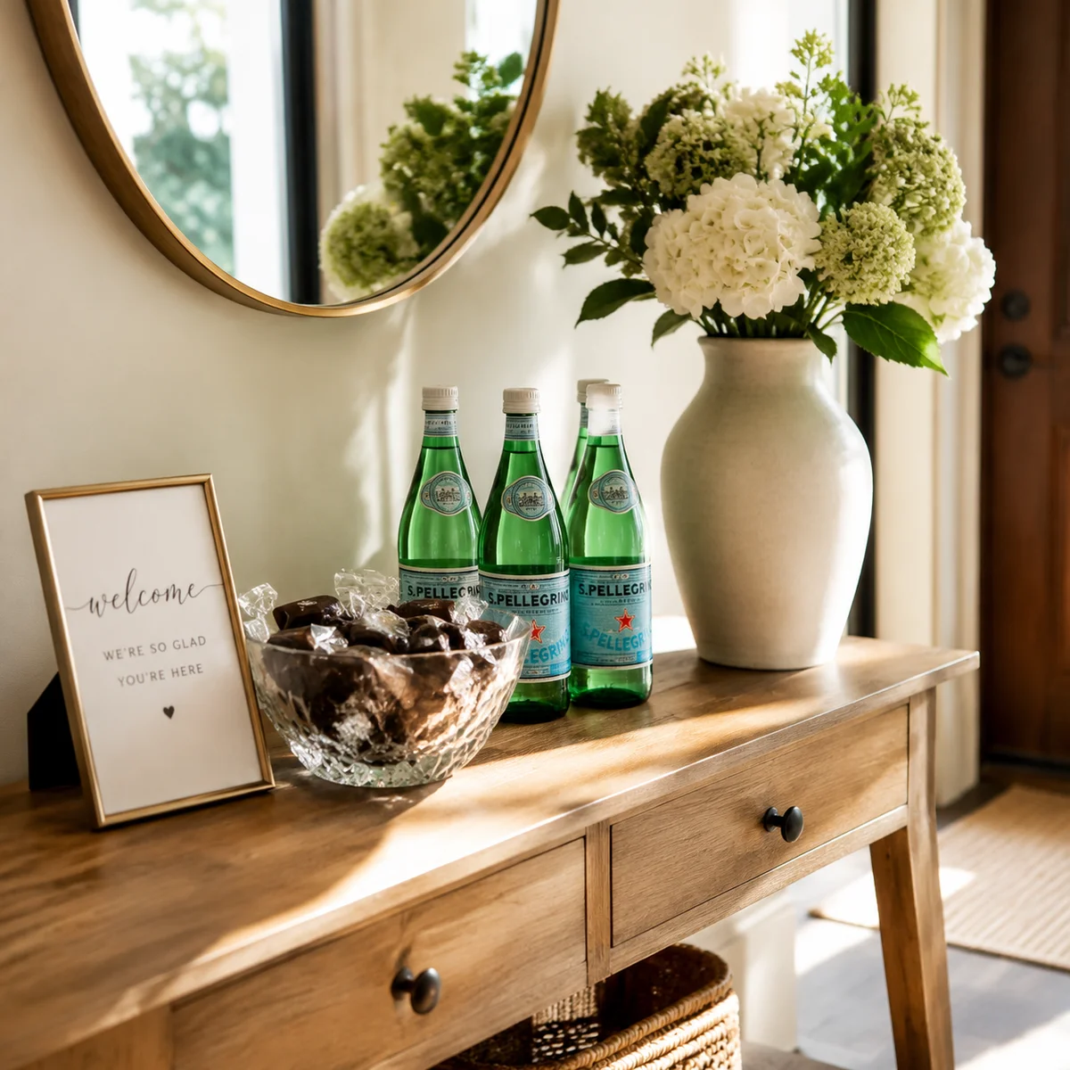 Welcome refreshments station with chocolates, sparkling water, and fresh flowers