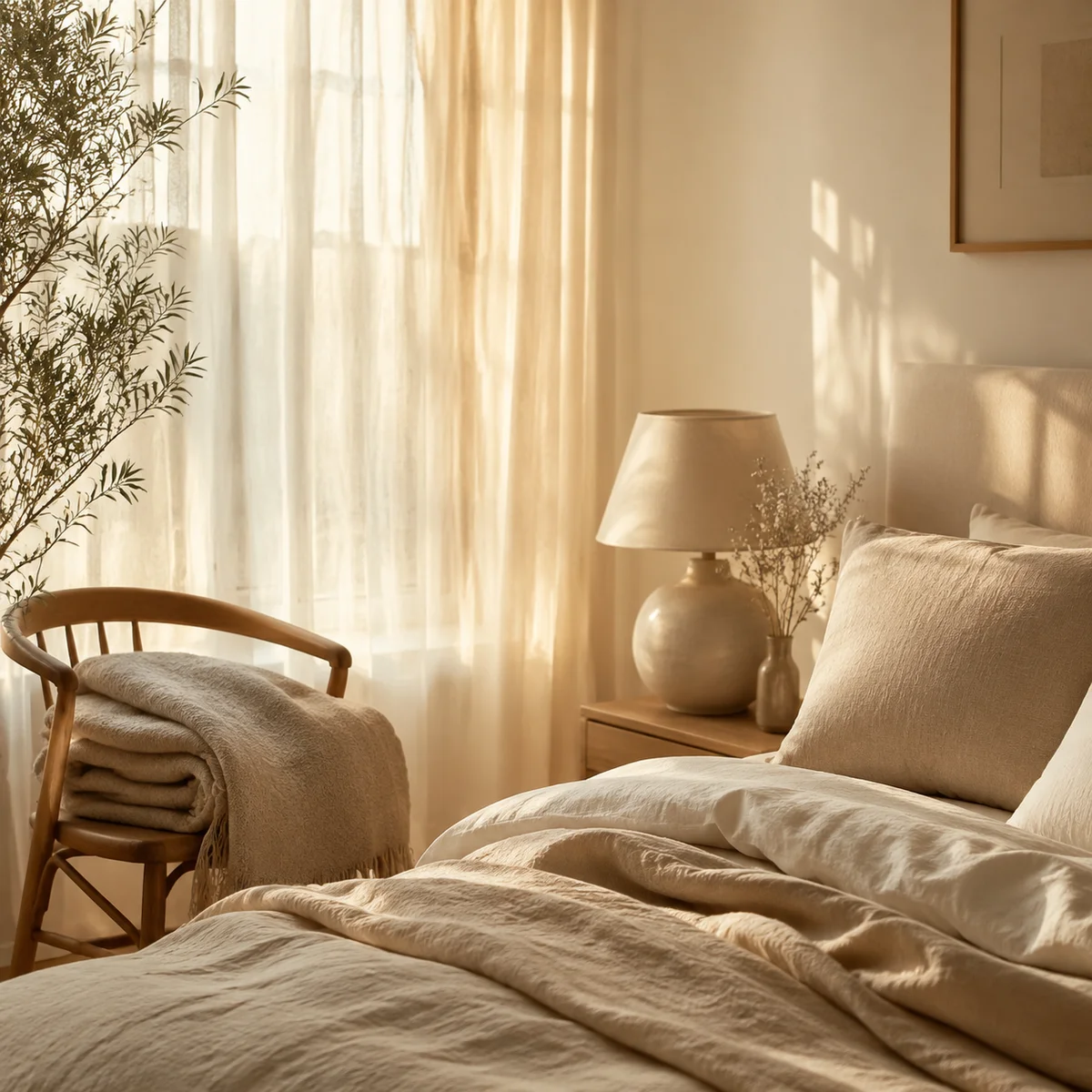 Cozy bedroom corner with sheer curtains and soft lighting for a relaxing atmosphere