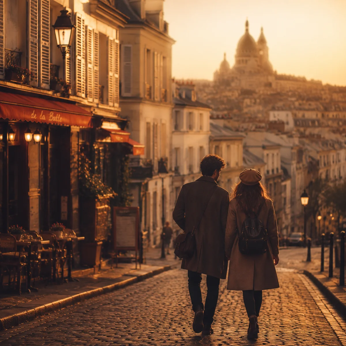 Couple walking through scenic city at golden hour