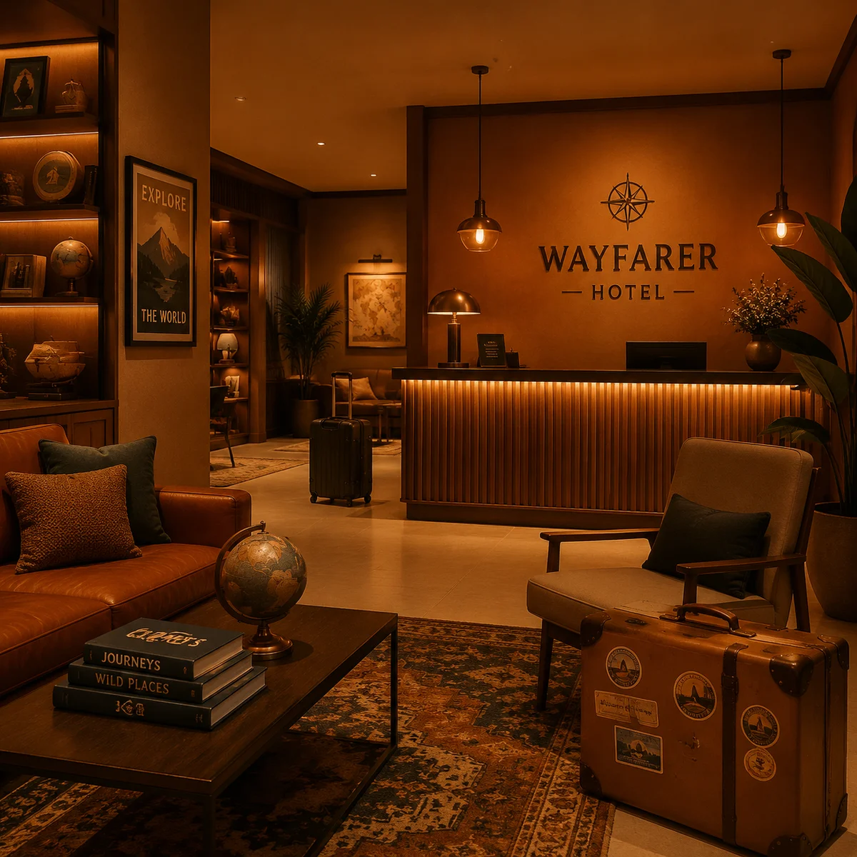 Cozy hotel lobby with warm amber lighting